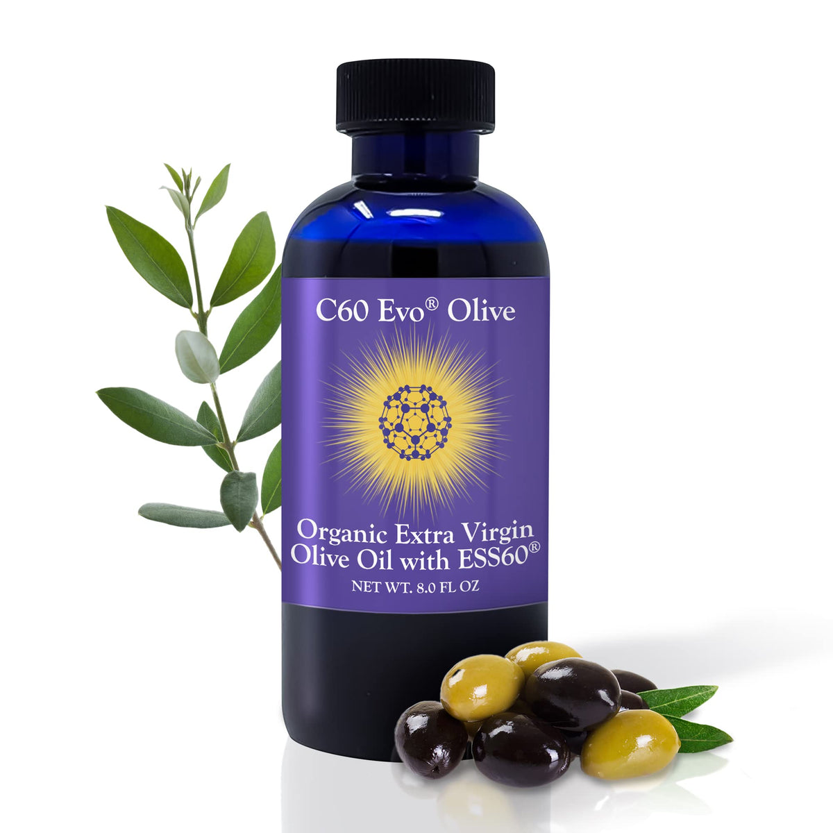 Bottle of C60 Evo ESS60 in olive oil – 8 oz