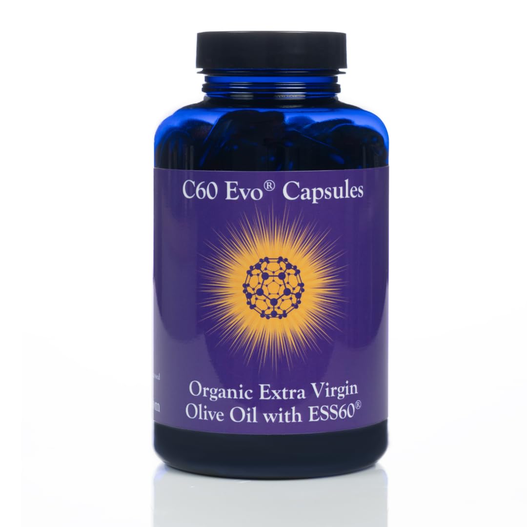 Front view of C60 Evo Pure ESS60 Olive Oil Softgel Capsules bottle