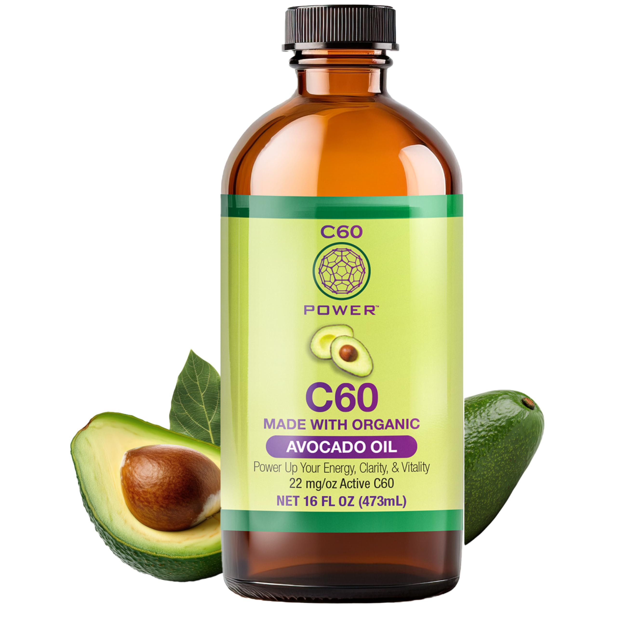 C60 Power AVO Organic Avocado Oil 16 oz with Sublimated Carbon 60 Fullerenes in amber bottle