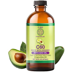 C60 Power AVO Organic Avocado Oil 16 oz with Sublimated Carbon 60 Fullerenes in amber bottle