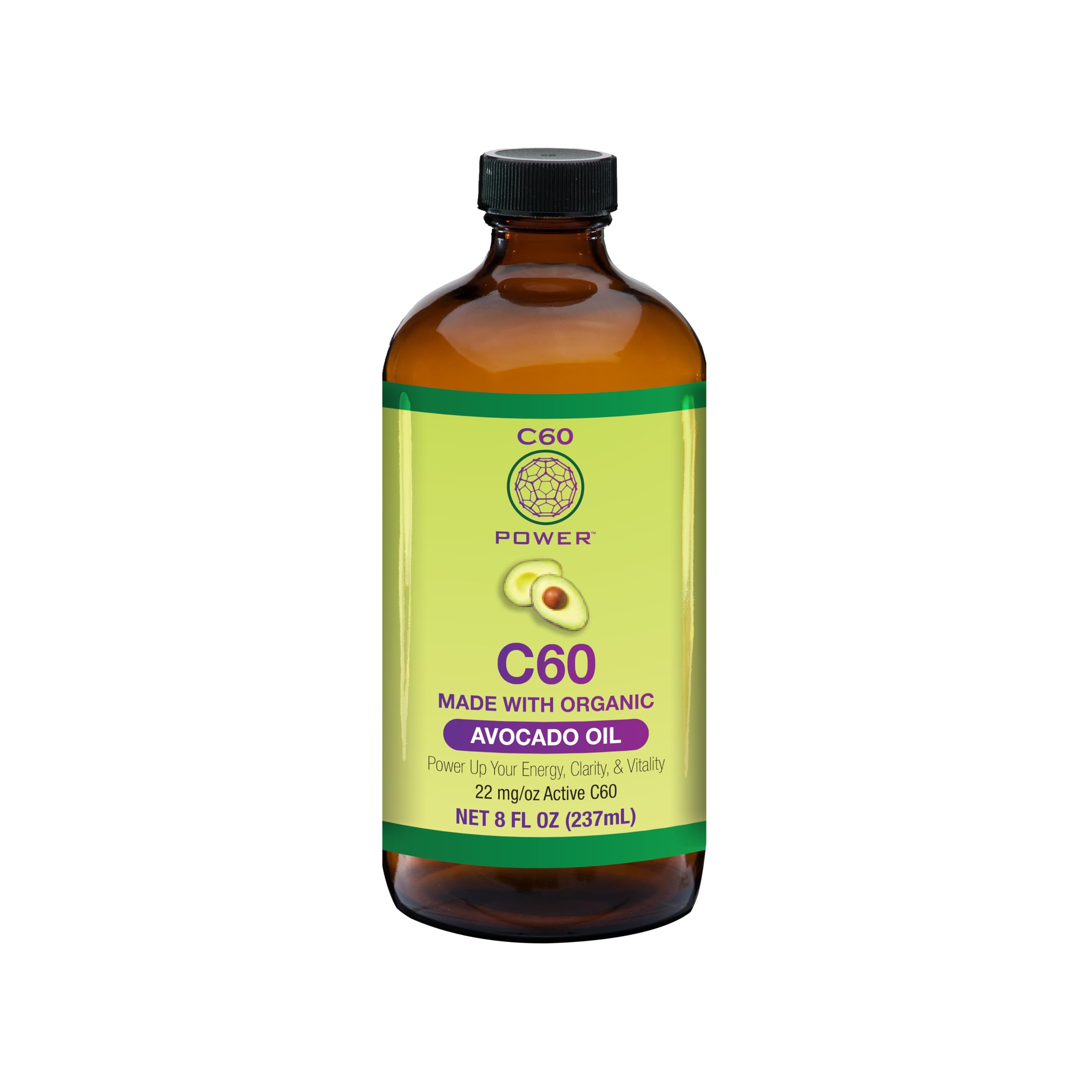 C60 Power Organic Avocado Oil 8oz amber bottle - front view