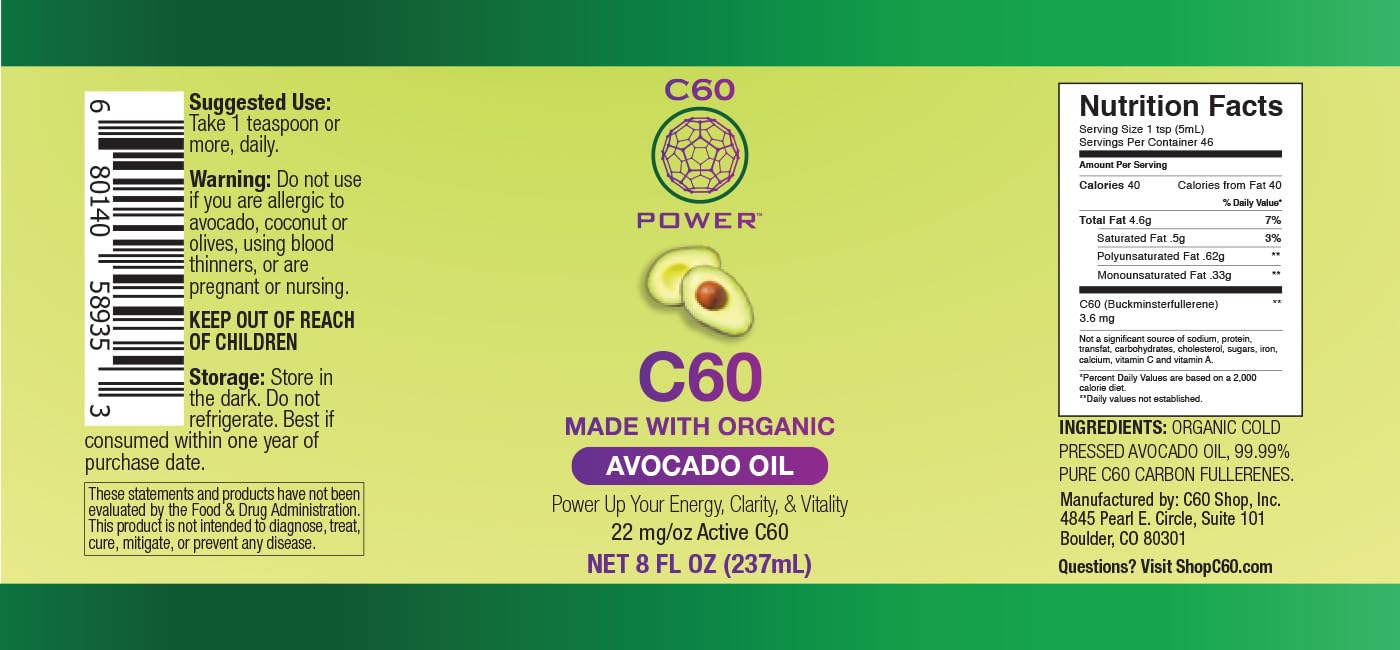 Close-up of label highlighting 99.99% Carbon60 purity