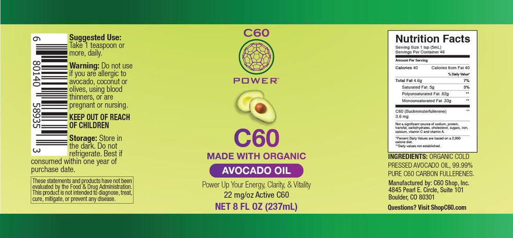 Close-up of label highlighting 99.99% Carbon60 purity