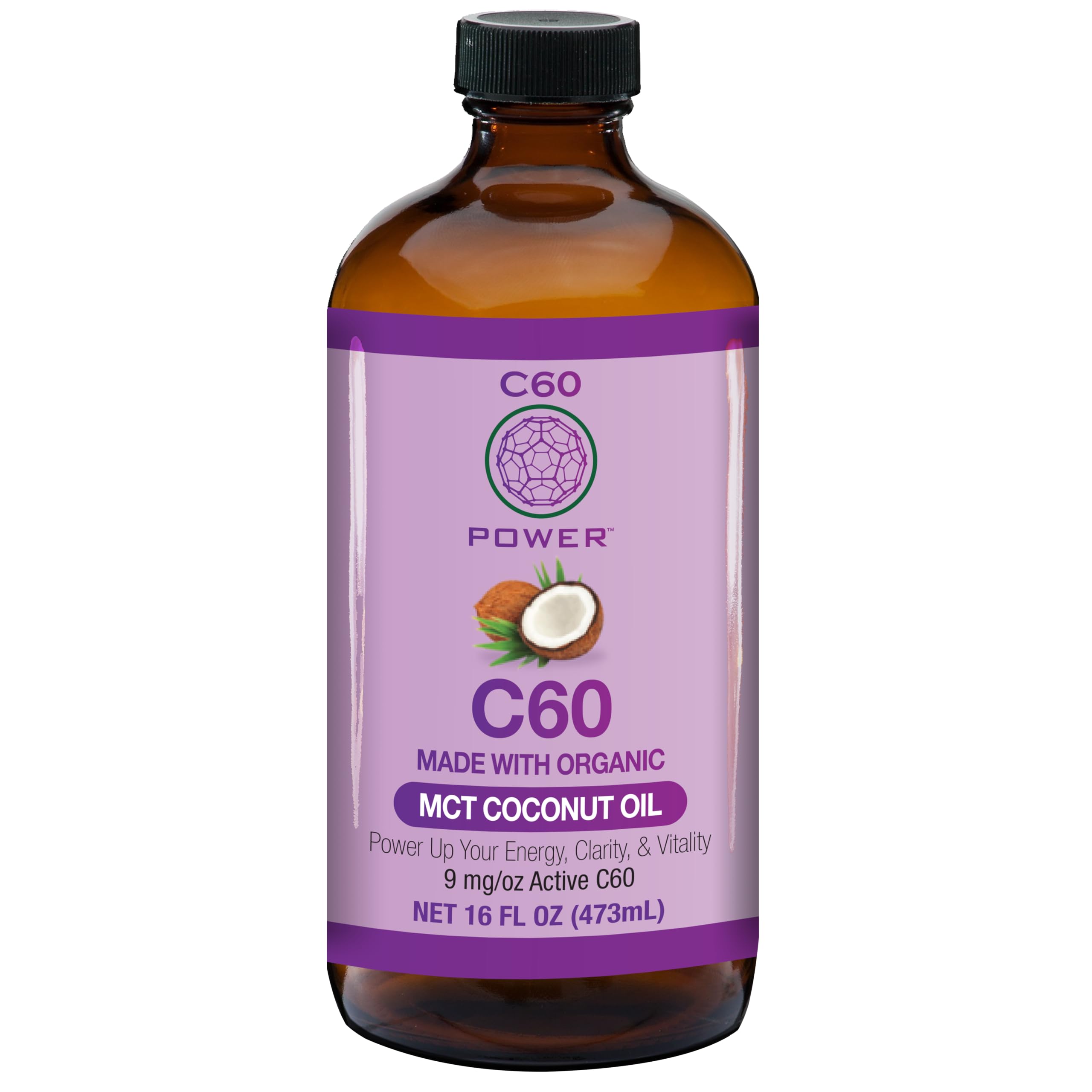 Front view of C60 Purple Power Organic MCT Coconut Oil 16 oz bottle