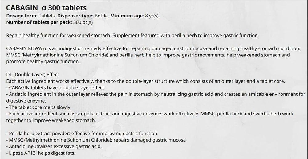 Close-up of Cabaginn α tablets for digestive support