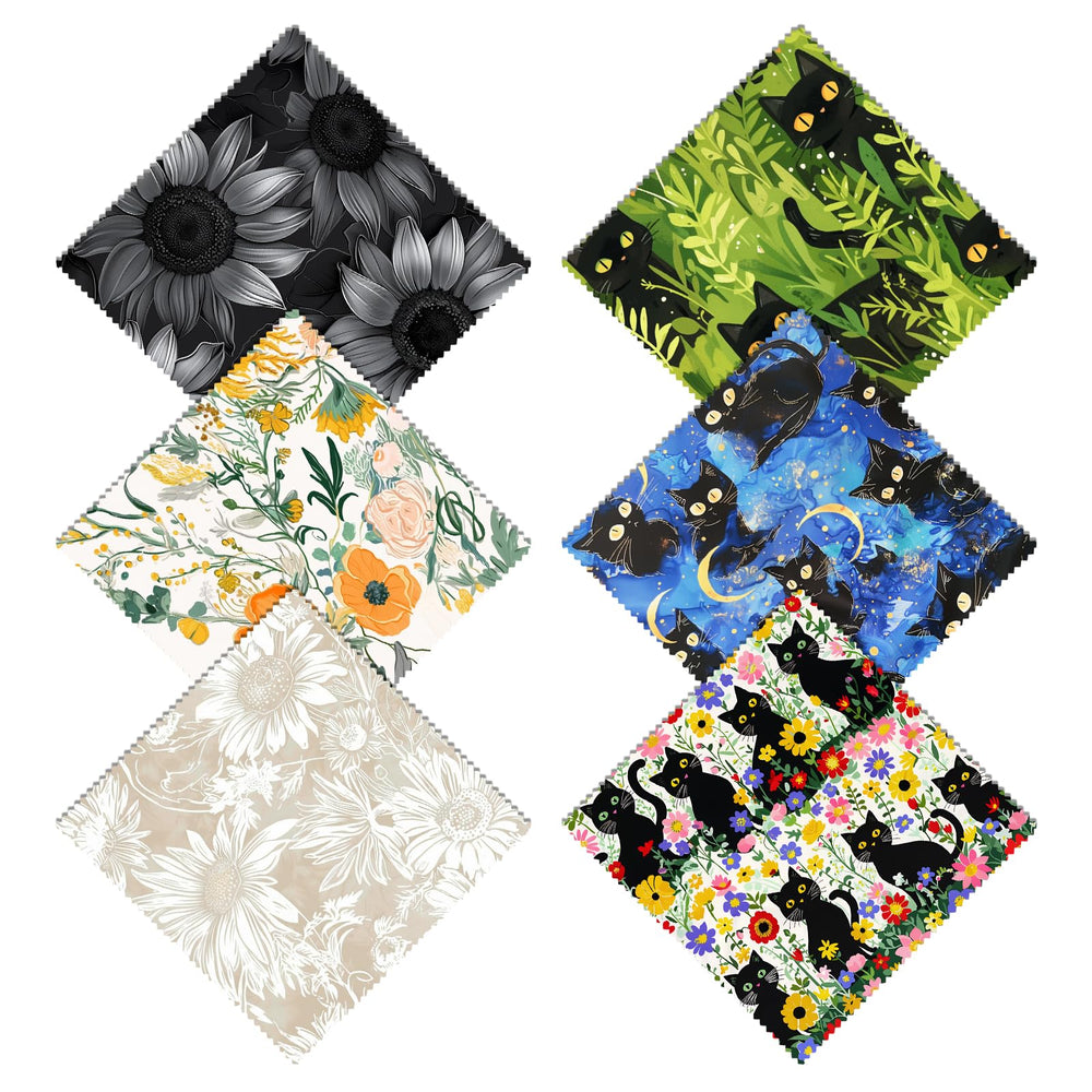 Six microfiber glasses cleaning cloths with sunflower and black cat pattern - front view