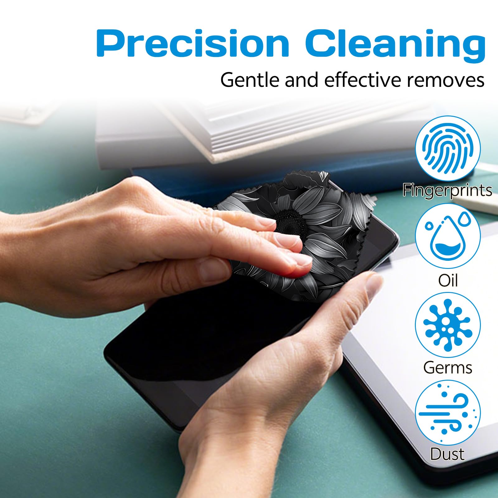 Soft microfiber suede fabric cleans dust, dirt, oils without lint