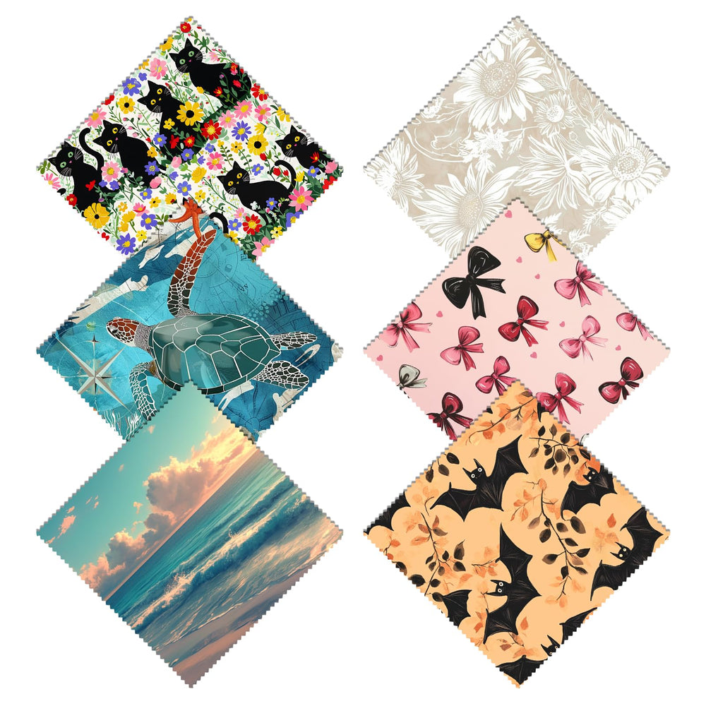 Set of six Cabreche microfiber glasses cleaning cloths with beach sea turtle pattern laid out