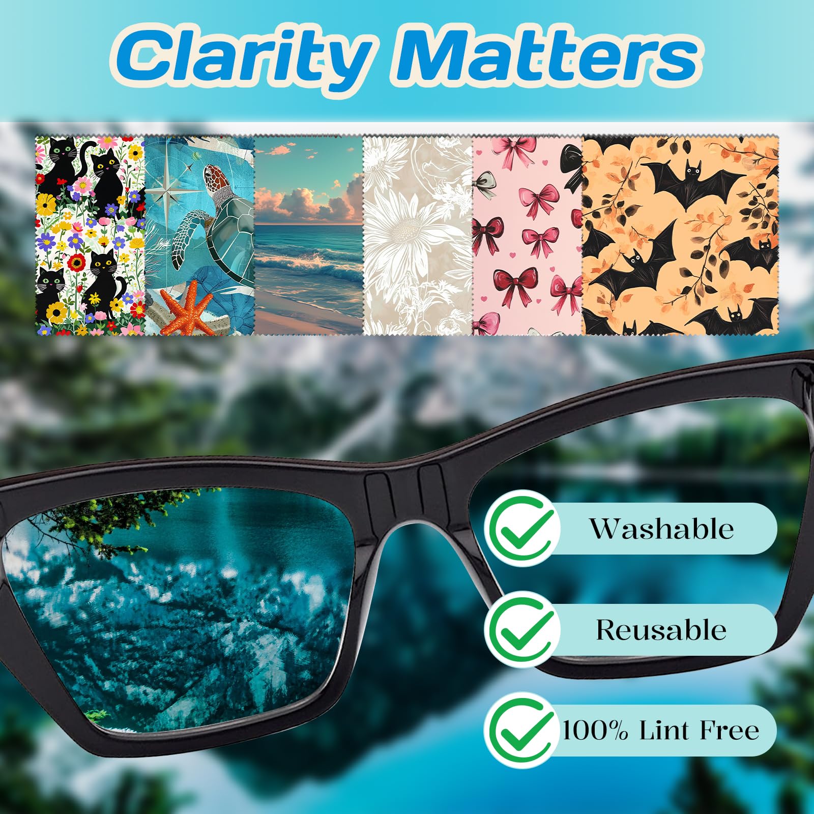 Six-pack portable eyeglass cleaning cloths in assorted patterns for on-the-go use