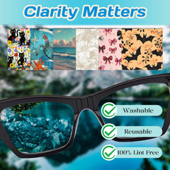 Six-pack portable eyeglass cleaning cloths in assorted patterns for on-the-go use