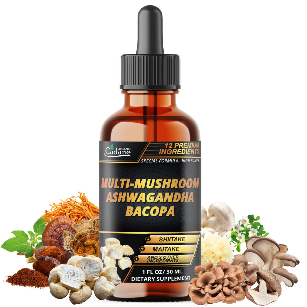 Bottle of Organic Cadane 12in1 Multi-Mushroom Liquid Drops Pineapple Flavor