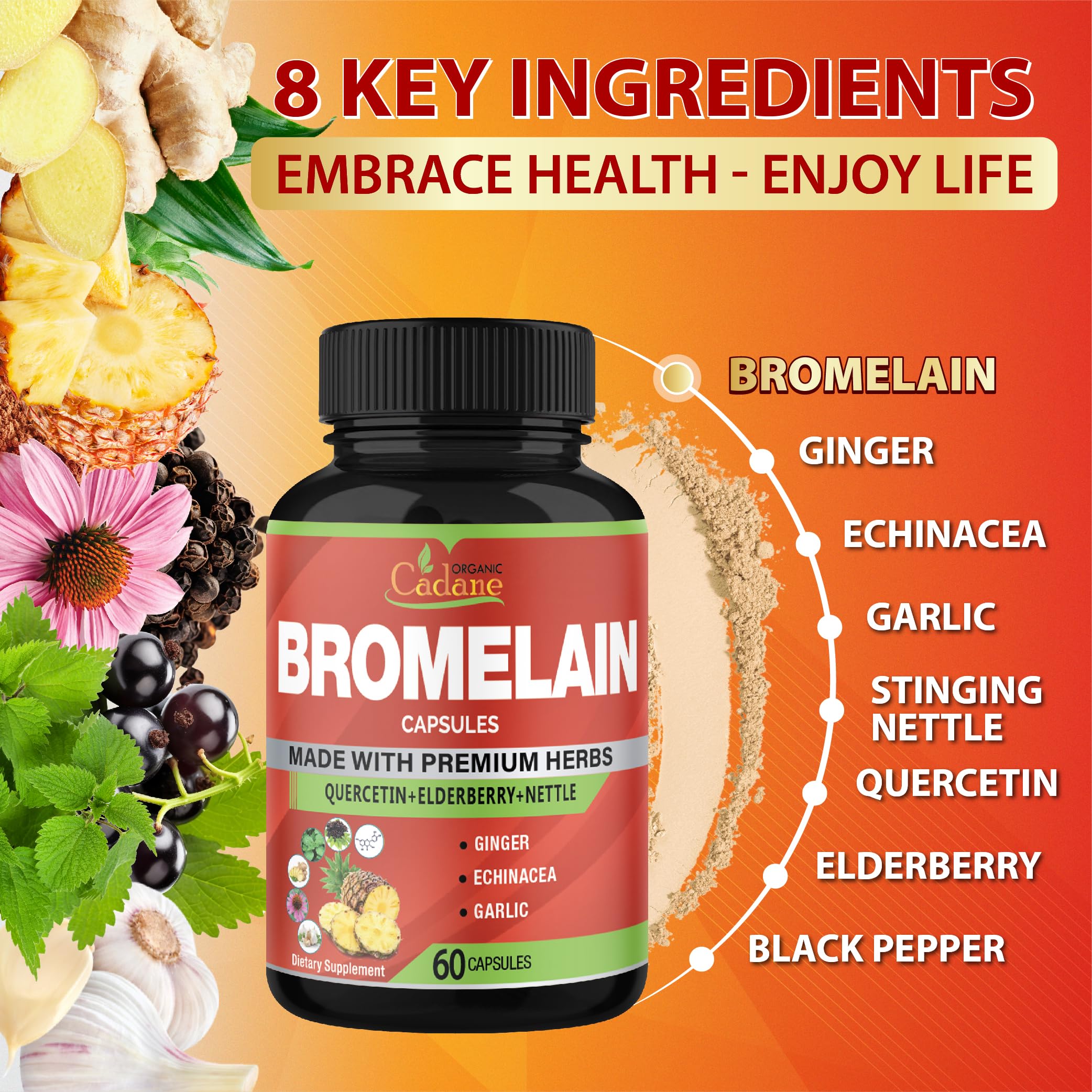 Cadane Bromelain Extract Capsules bottle label showing 60-count