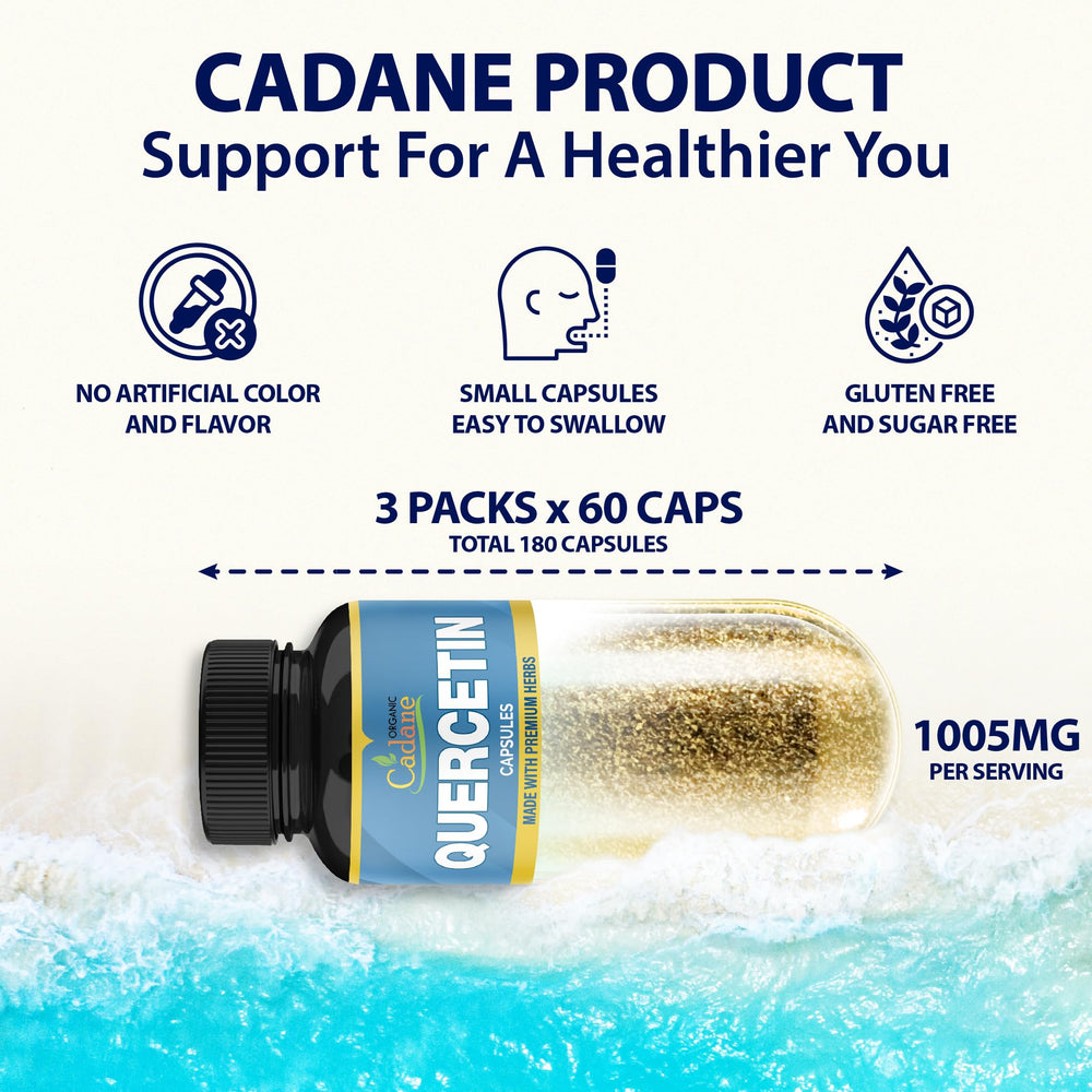 Three Cadane Quercetin 60-cap bottles in a row