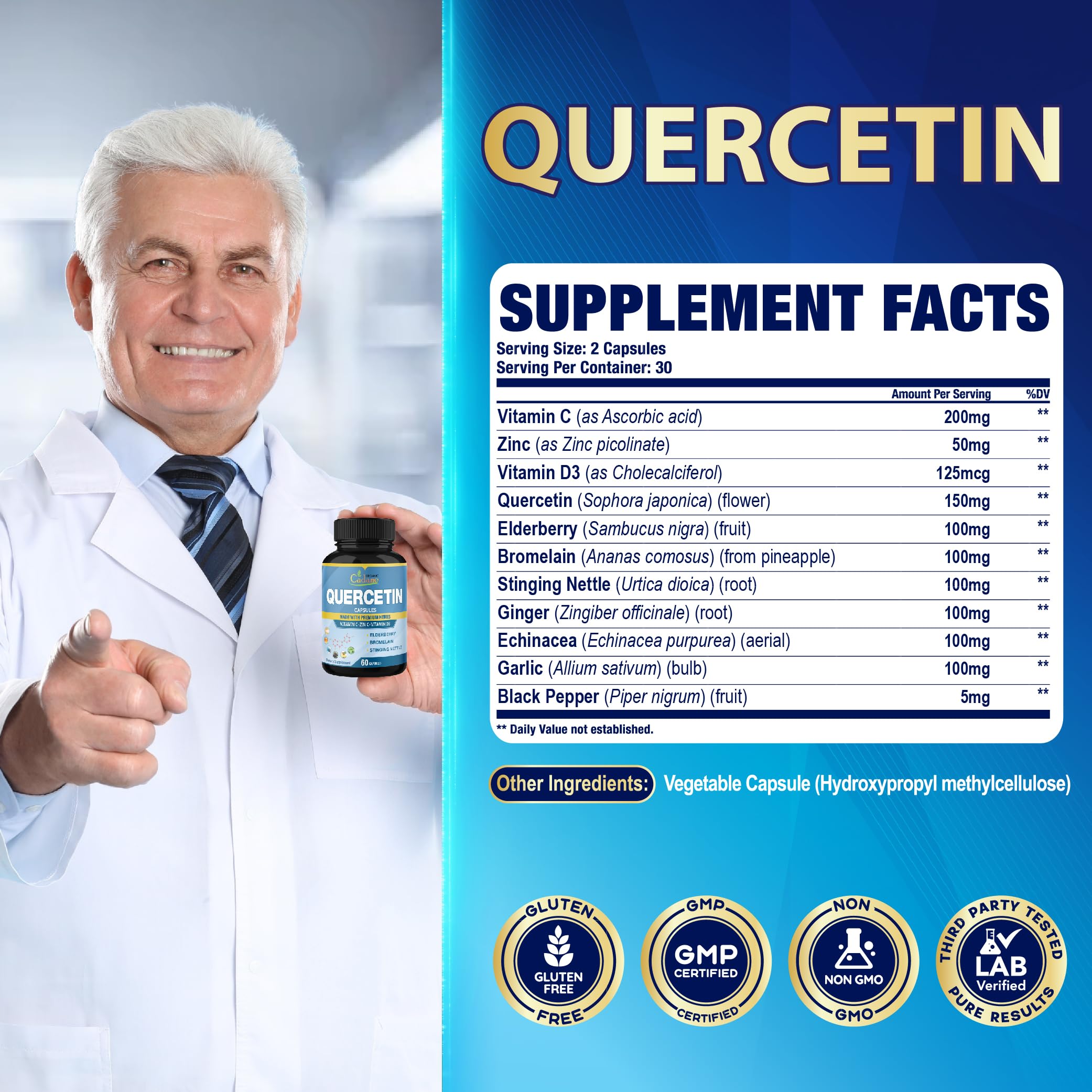 Close-up of Cadane Quercetin capsule bottle label