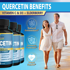 Label close-up showing Quercetin, Vitamin C, Vitamin D, Zinc