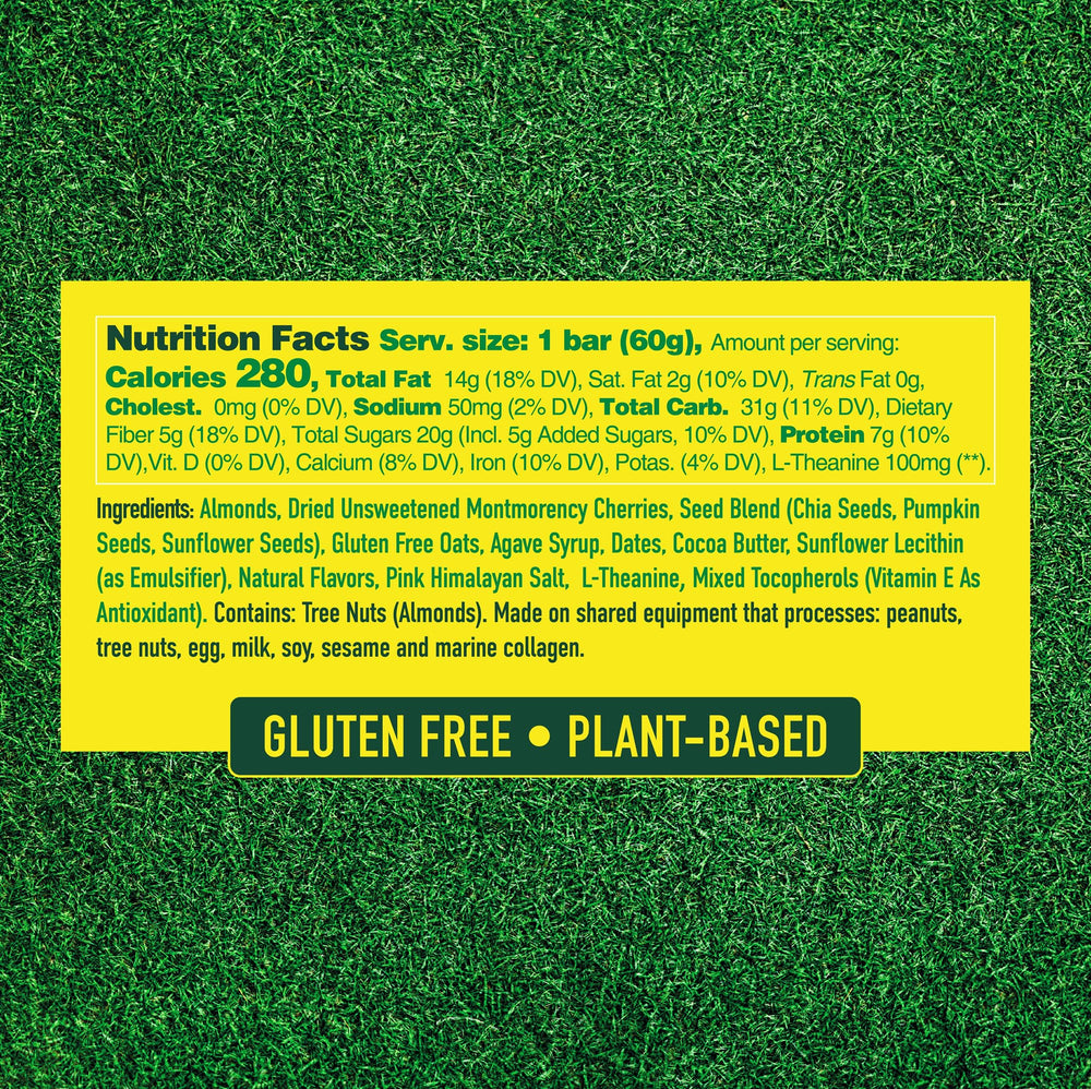 Plant-based vegan gluten-free snack bar with almonds, cherries and seeds