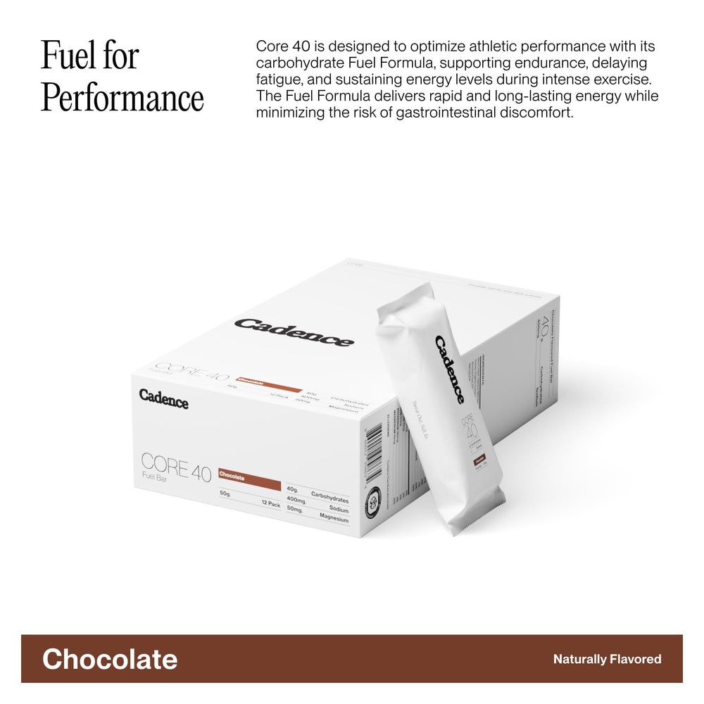 Cadence Chocolate Energy Bar close-up reveals rich cocoa and clean ingredients for sustained energy.