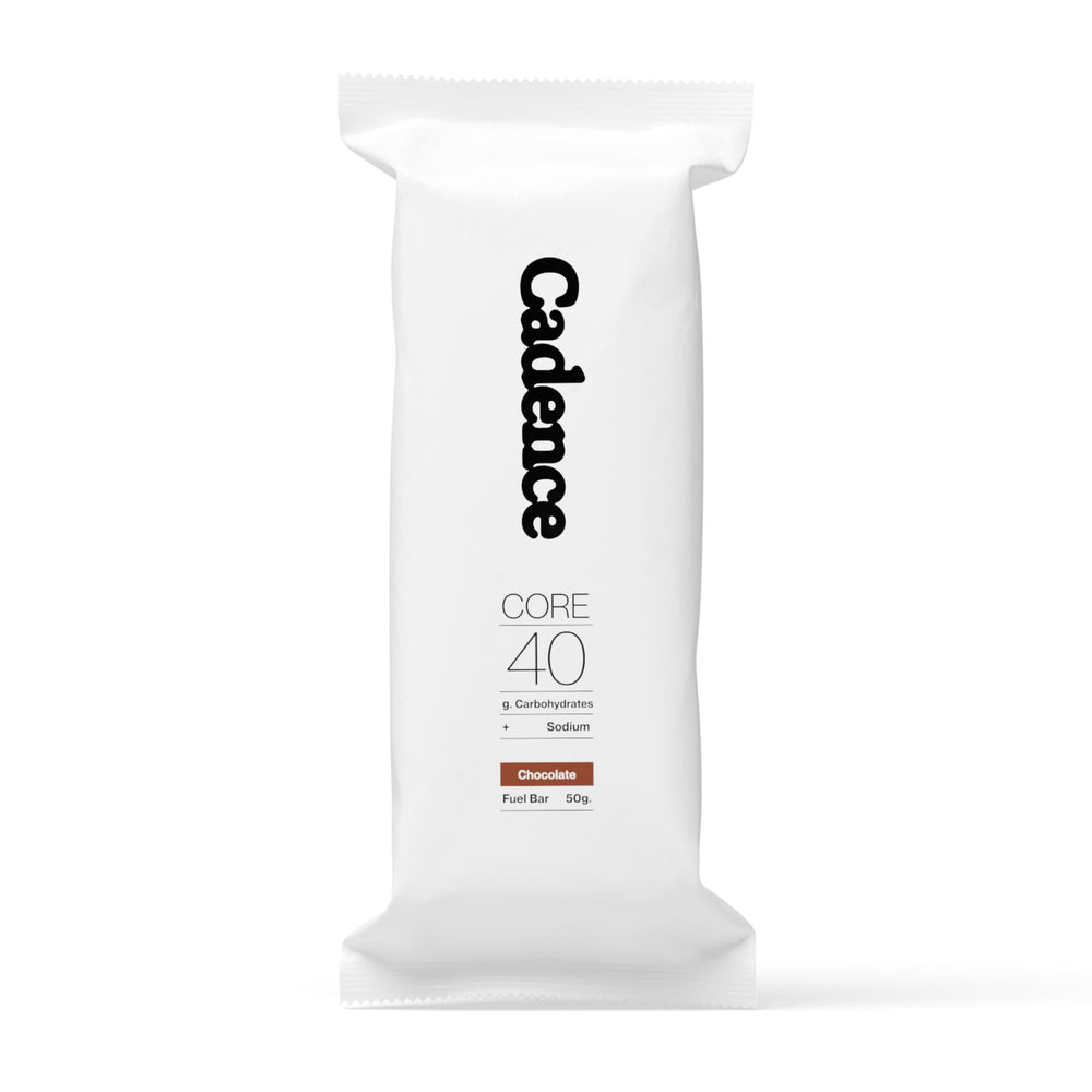 Cadence Chocolate Energy Bar packaging showcases case-size convenience for on-the-go endurance fueling.
