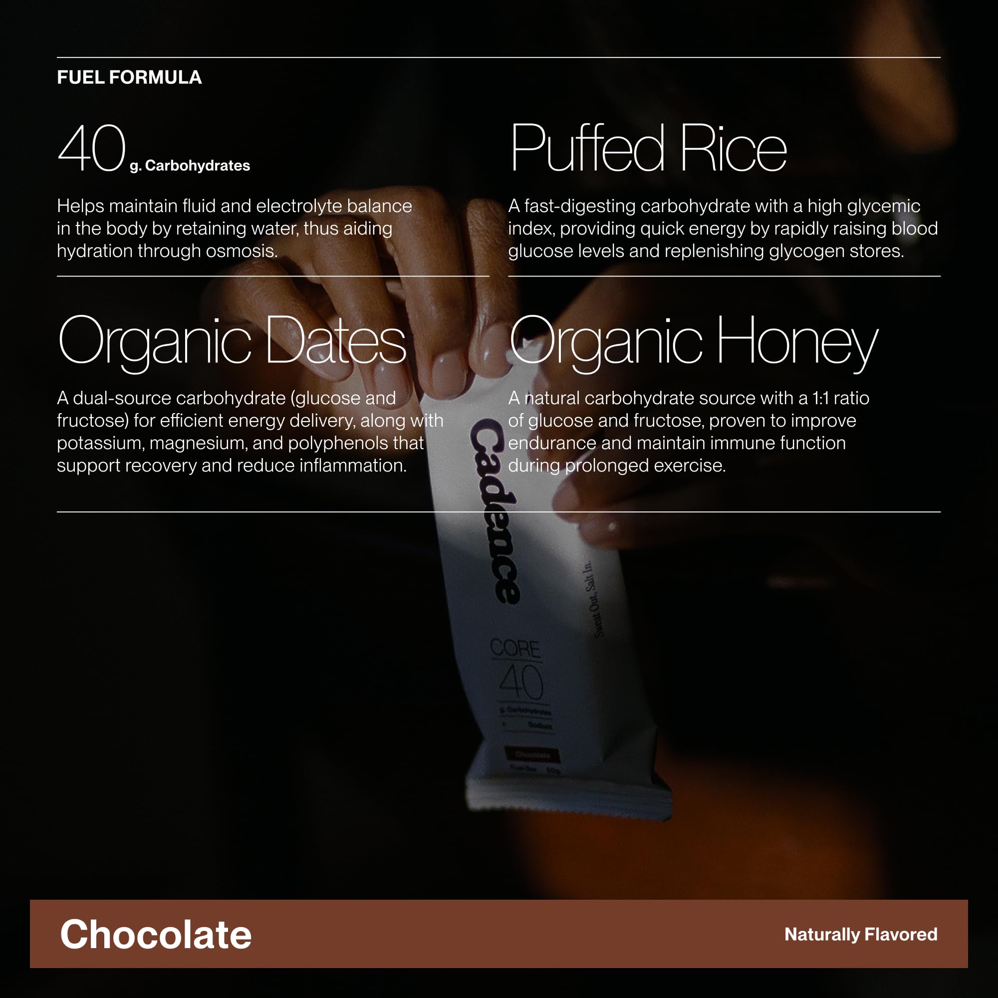 Cadence Energy Bar ingredients highlight organic dates and almond flour for wholesome nutrition.