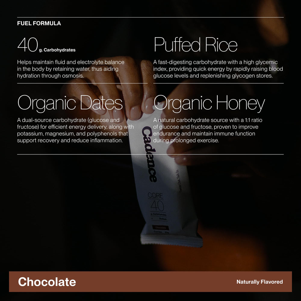 Cadence Energy Bar ingredients highlight organic dates and almond flour for wholesome nutrition.