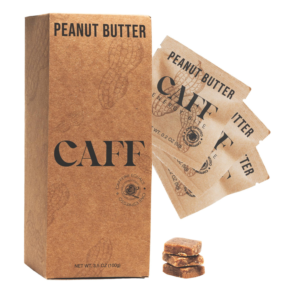 CAFF all natural energy bites packaging showcases a clean, portable caffeine snack for on-the-go energy.