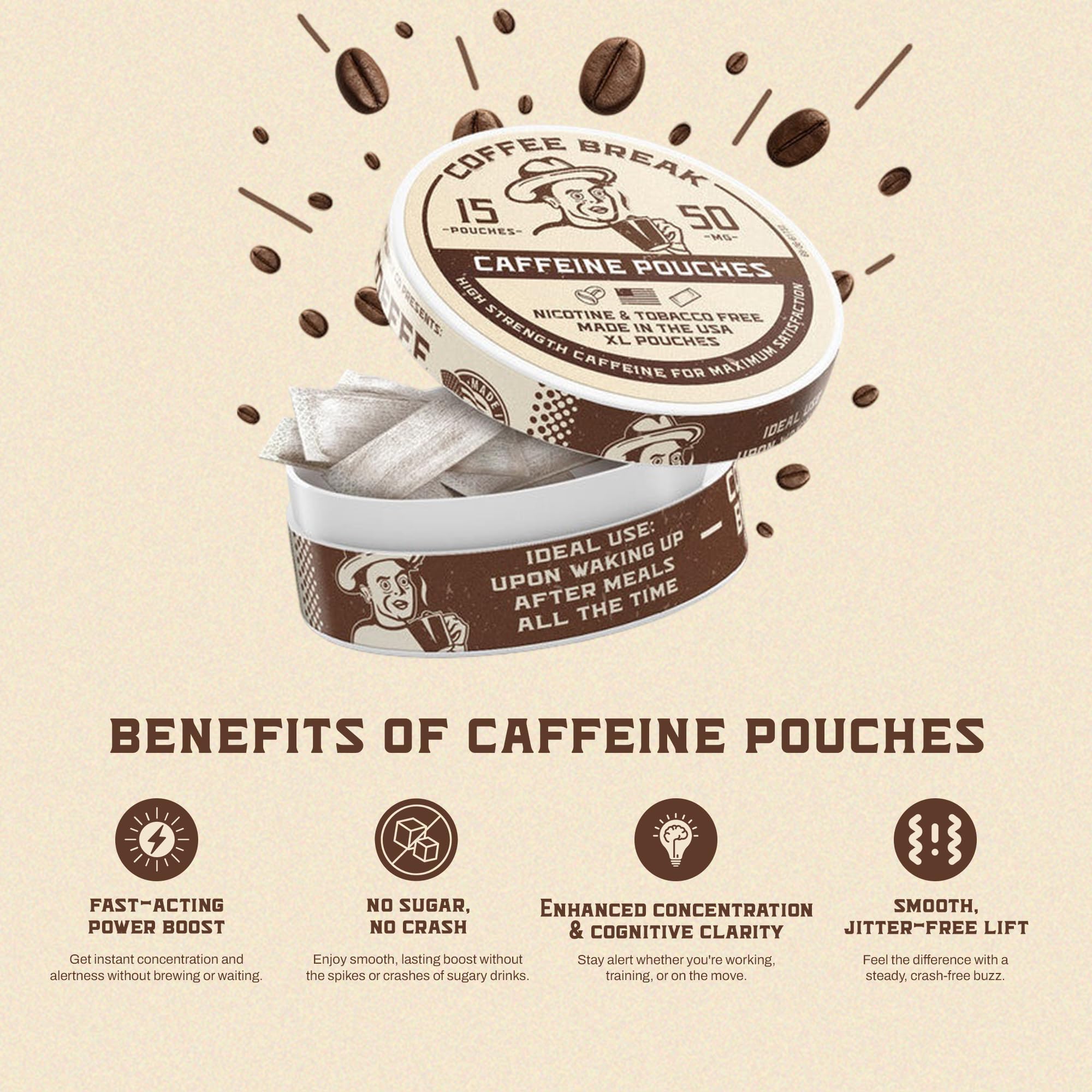 Caffeine Break Coffee Break energy boost image emphasizes jitter-free sustainment.