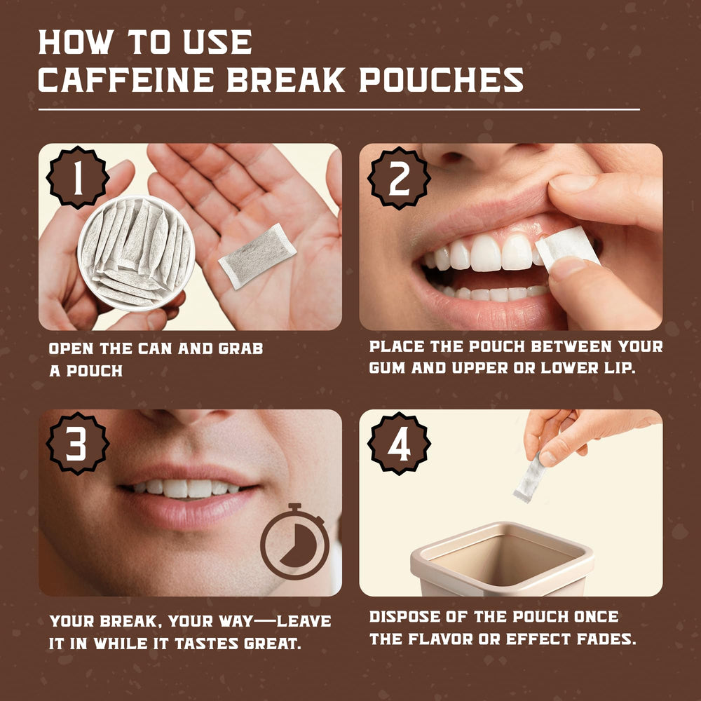 Caffeine Break Coffee Break Pouch closeup highlights smooth coffee flavor and clean energy.