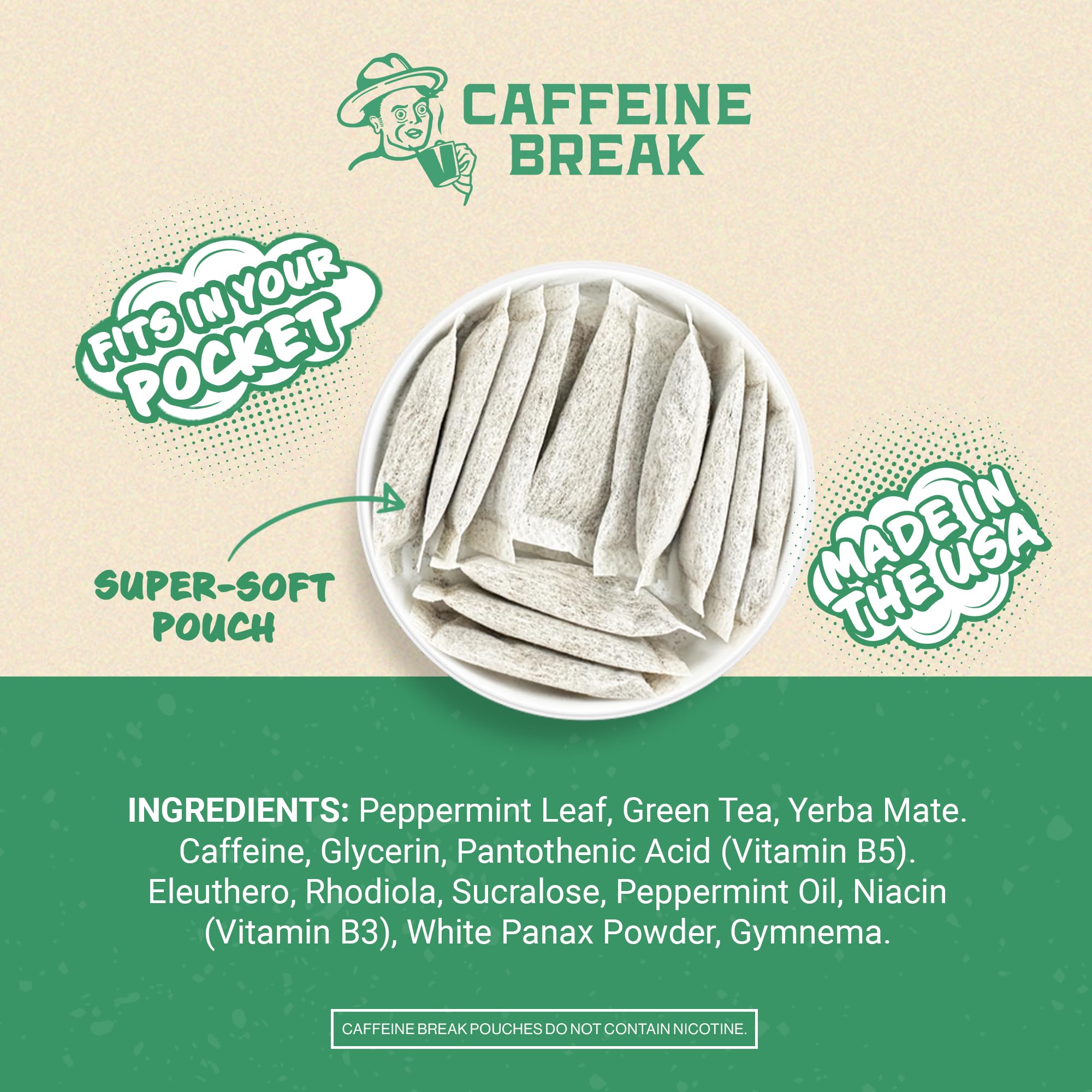 Caffeine Break peppermint pouch closeup mint highlights refreshing flavor fueling focus.