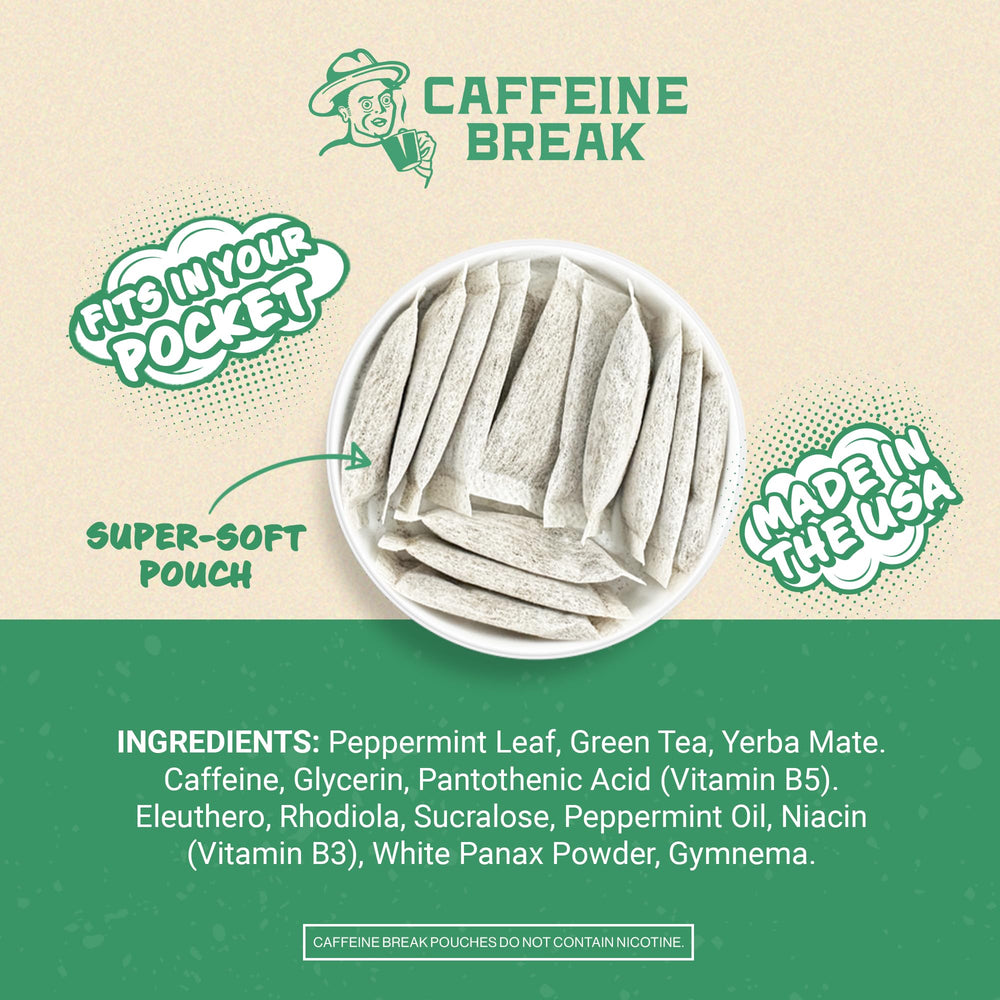Caffeine Break peppermint pouch closeup mint highlights refreshing flavor fueling focus.