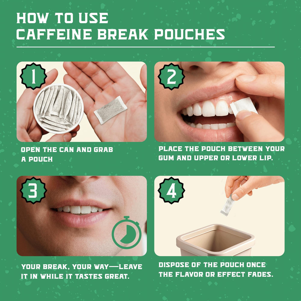 Caffeine Break peppermint pouch closeup mint highlights refreshing flavor fueling focus.