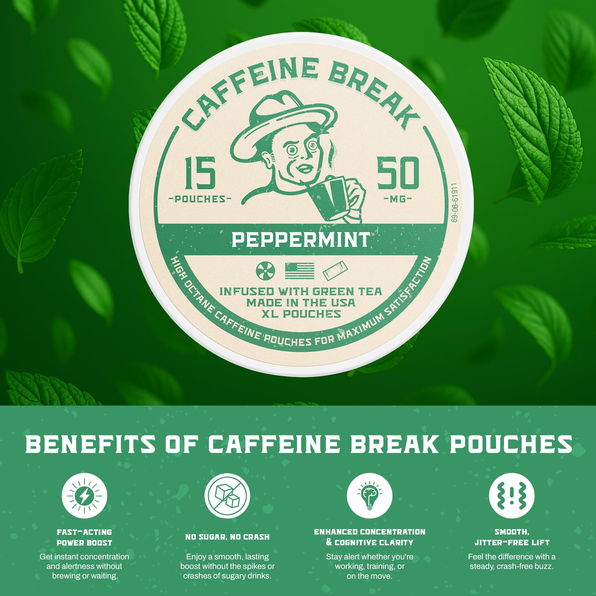 Caffeine Break peppermint pouch in gym bag supports quick workouts.