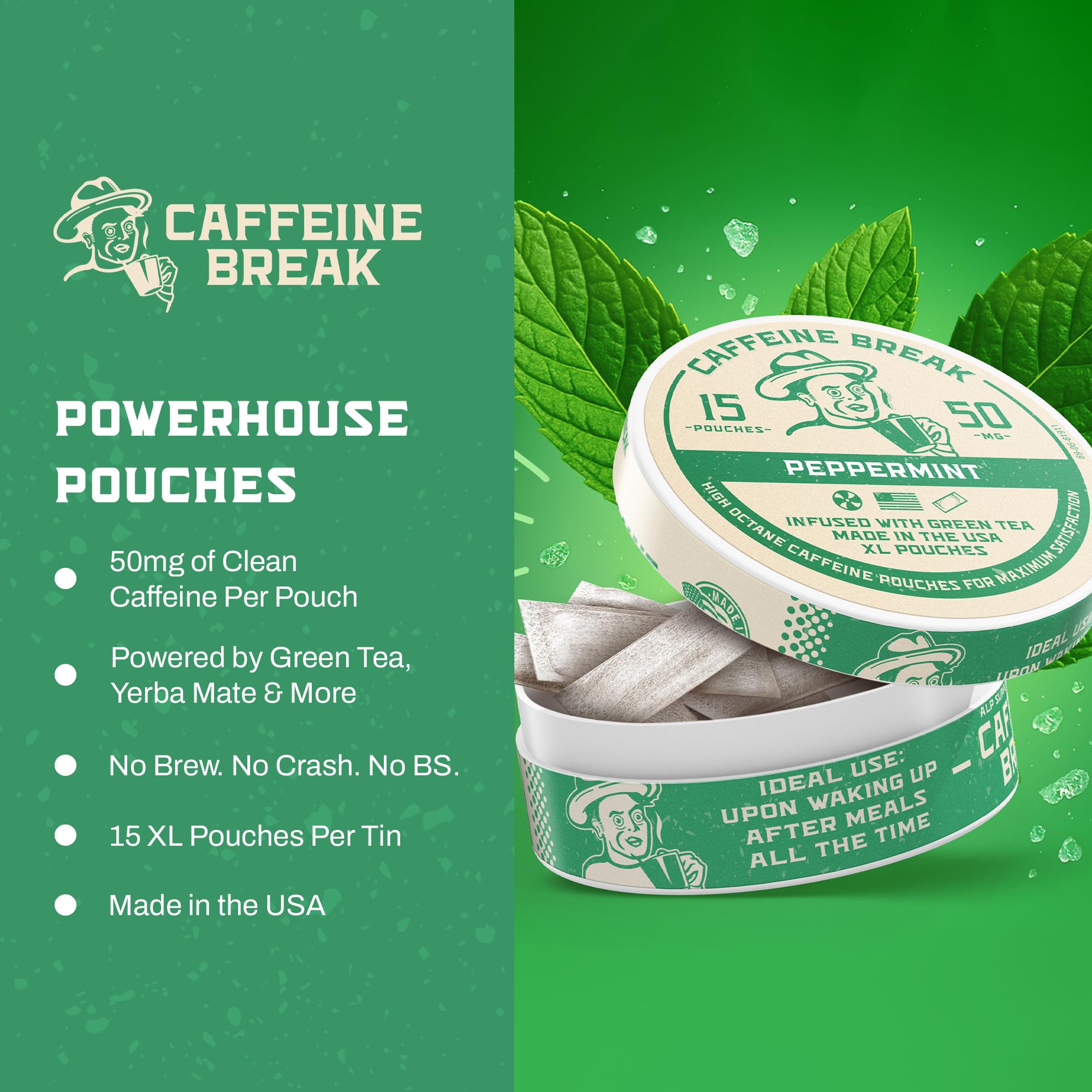 Caffeine Break peppermint pouch in gym bag supports quick workouts.