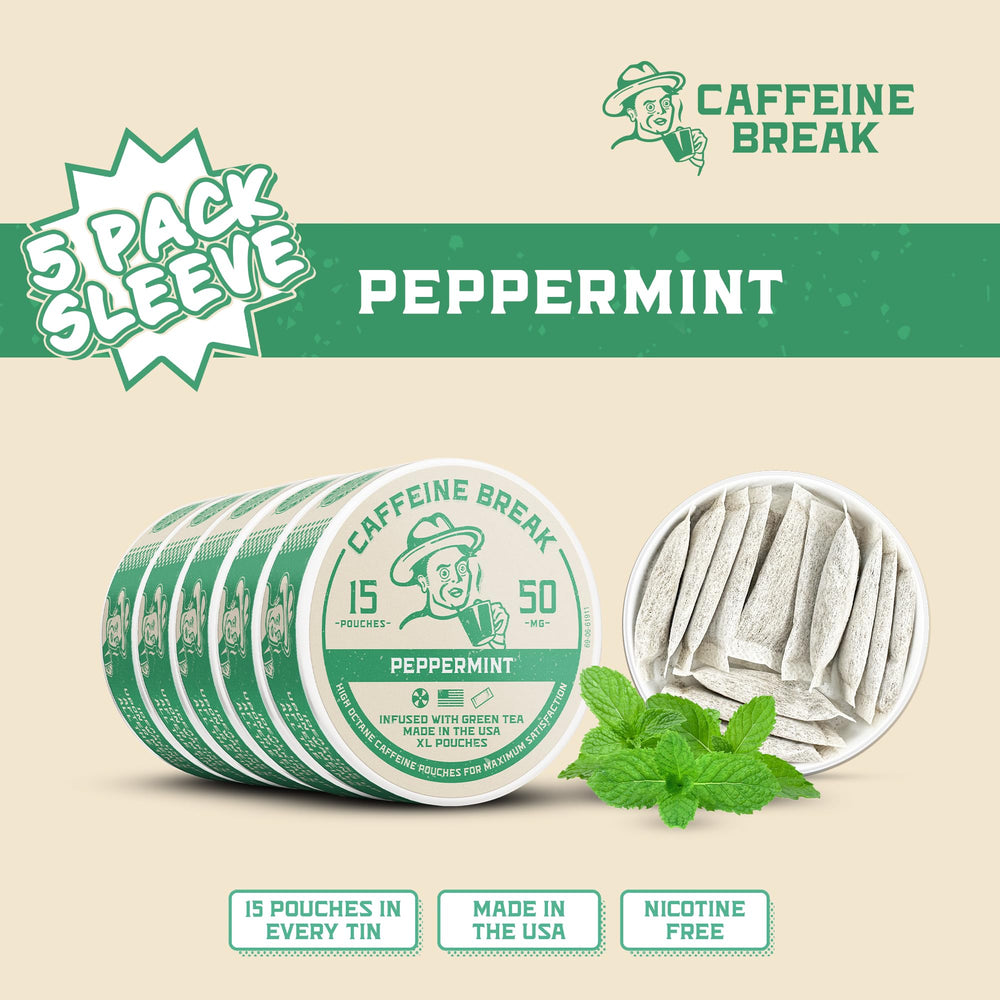 Caffeine Break peppermint pouch in hand emphasizes portable clean energy.