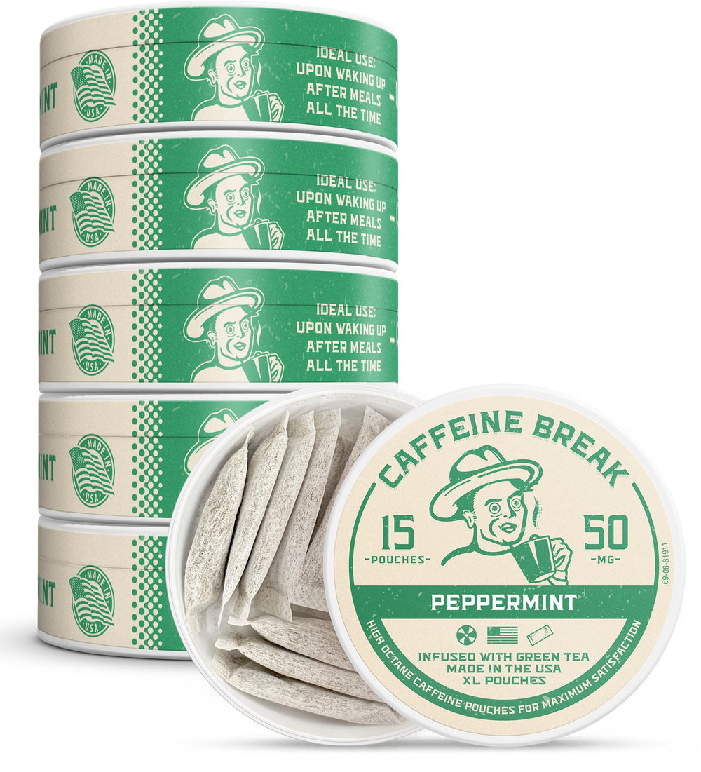 Caffeine Break peppermint pouch tin front shows bold energy on the go.