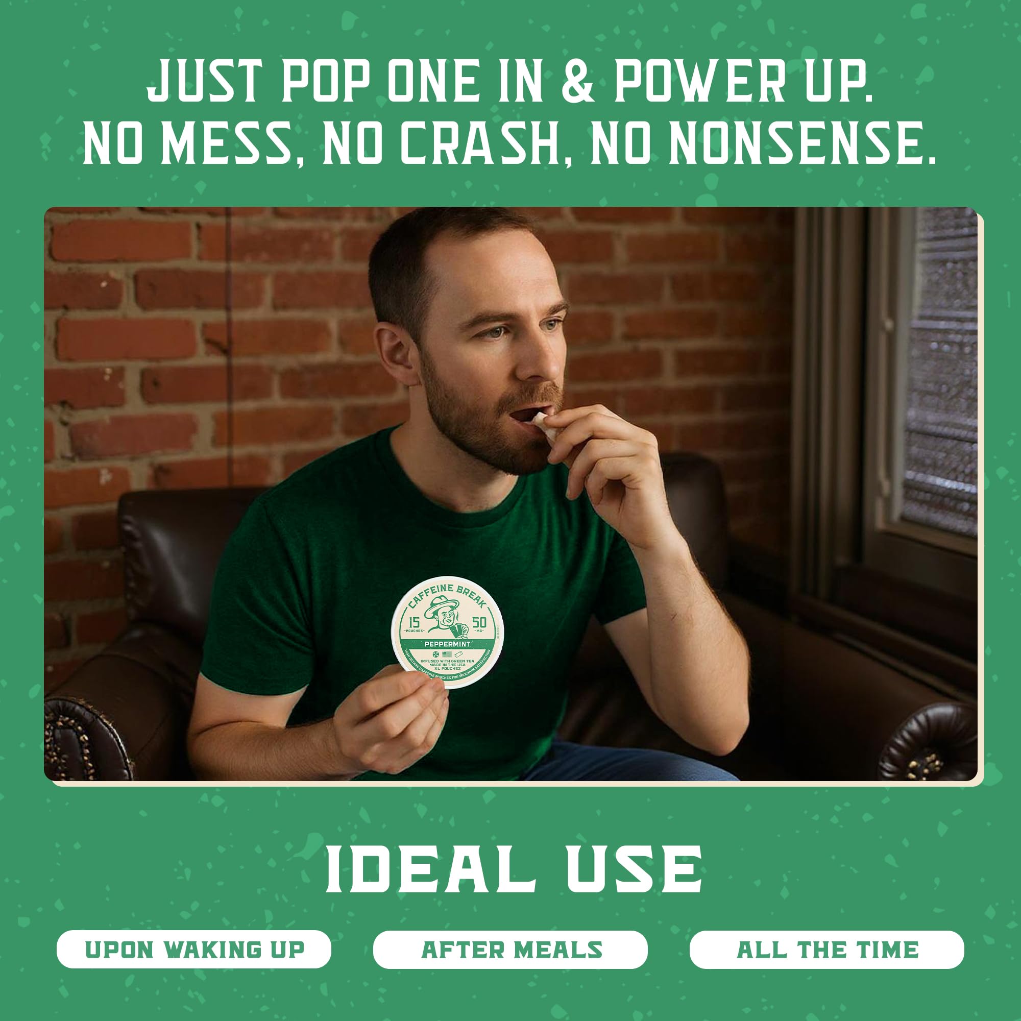 Caffeine Break peppermint pouch tin stack showcases 15-count portability.