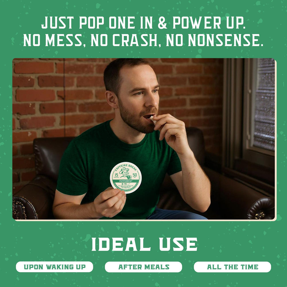 Caffeine Break peppermint pouch tin stack showcases 15-count portability.