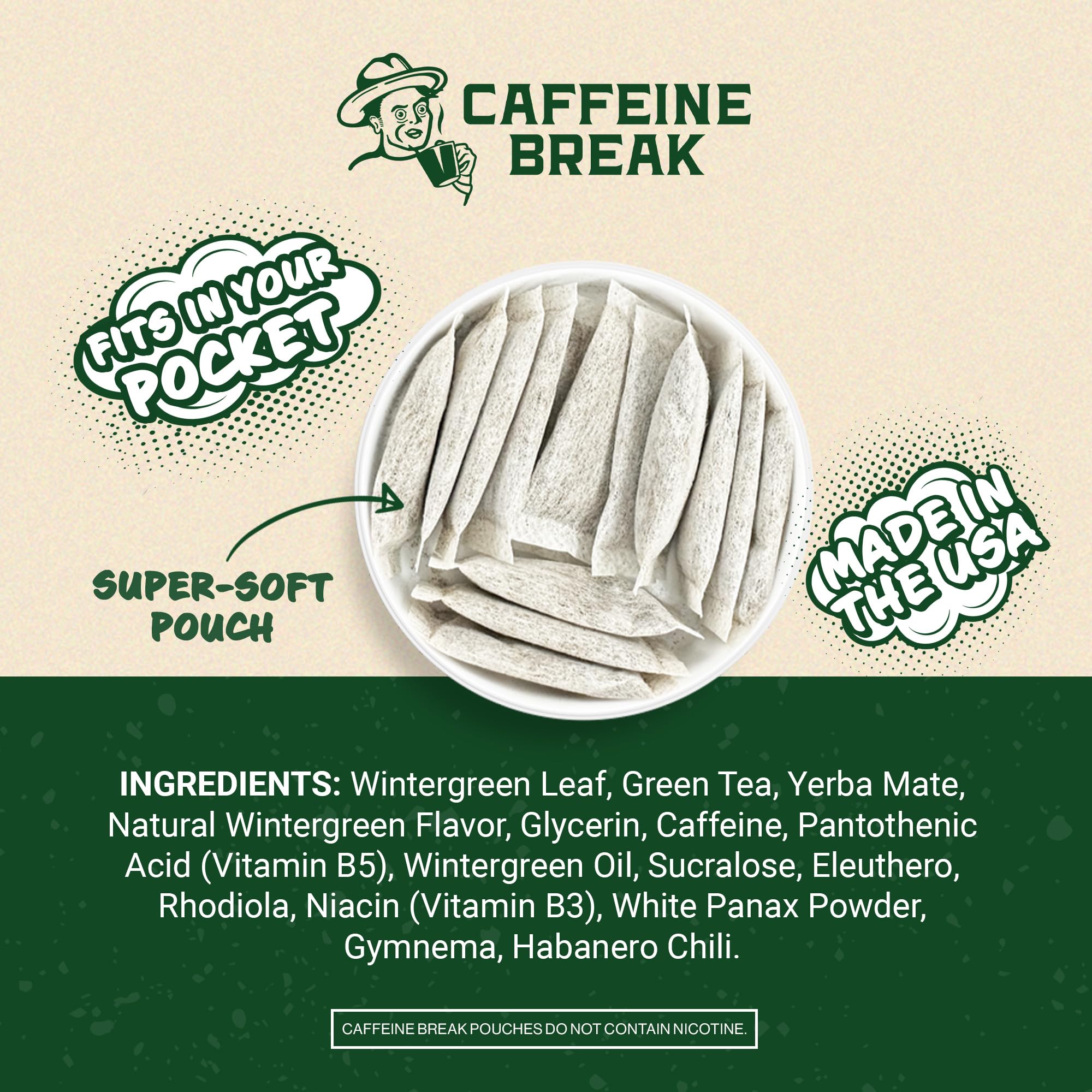 Caffeine Break Wintergreen pouch in tin packaging shows compact refreshment