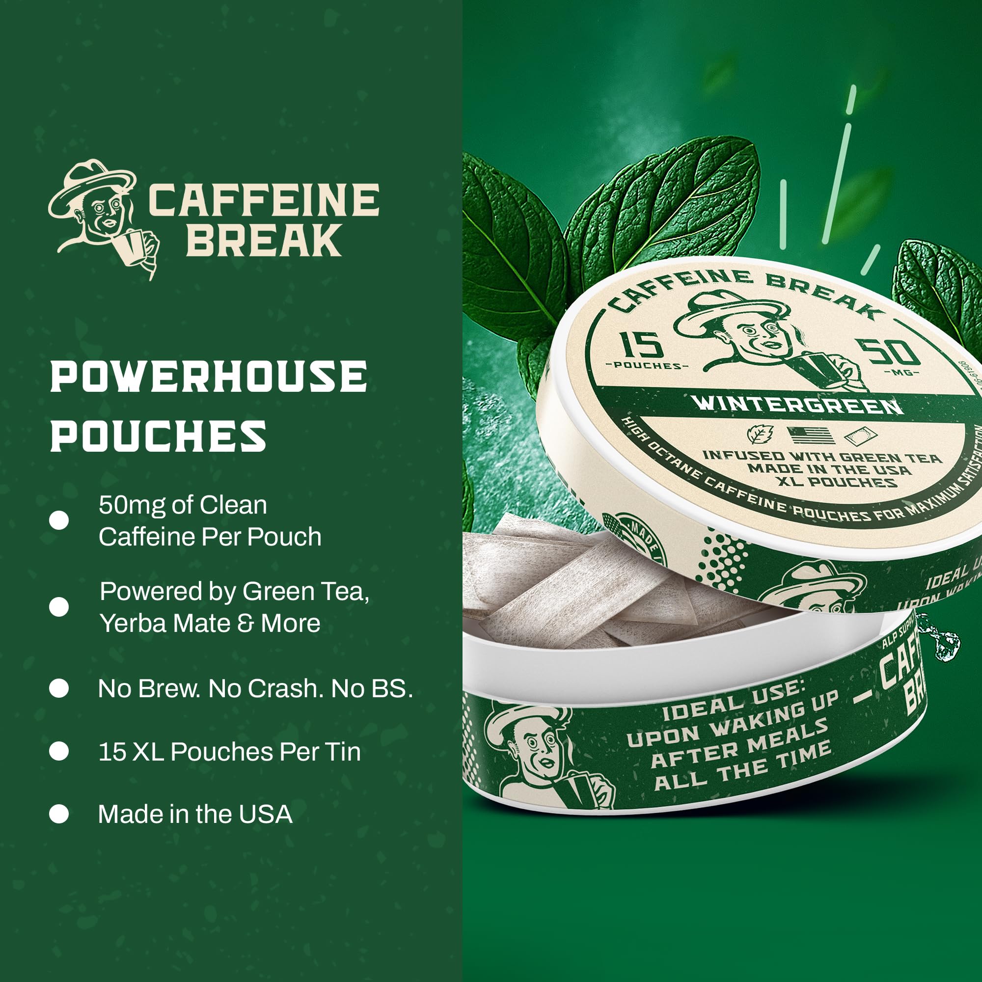Caffeine Break Wintergreen tin front emphasizes US-made quality