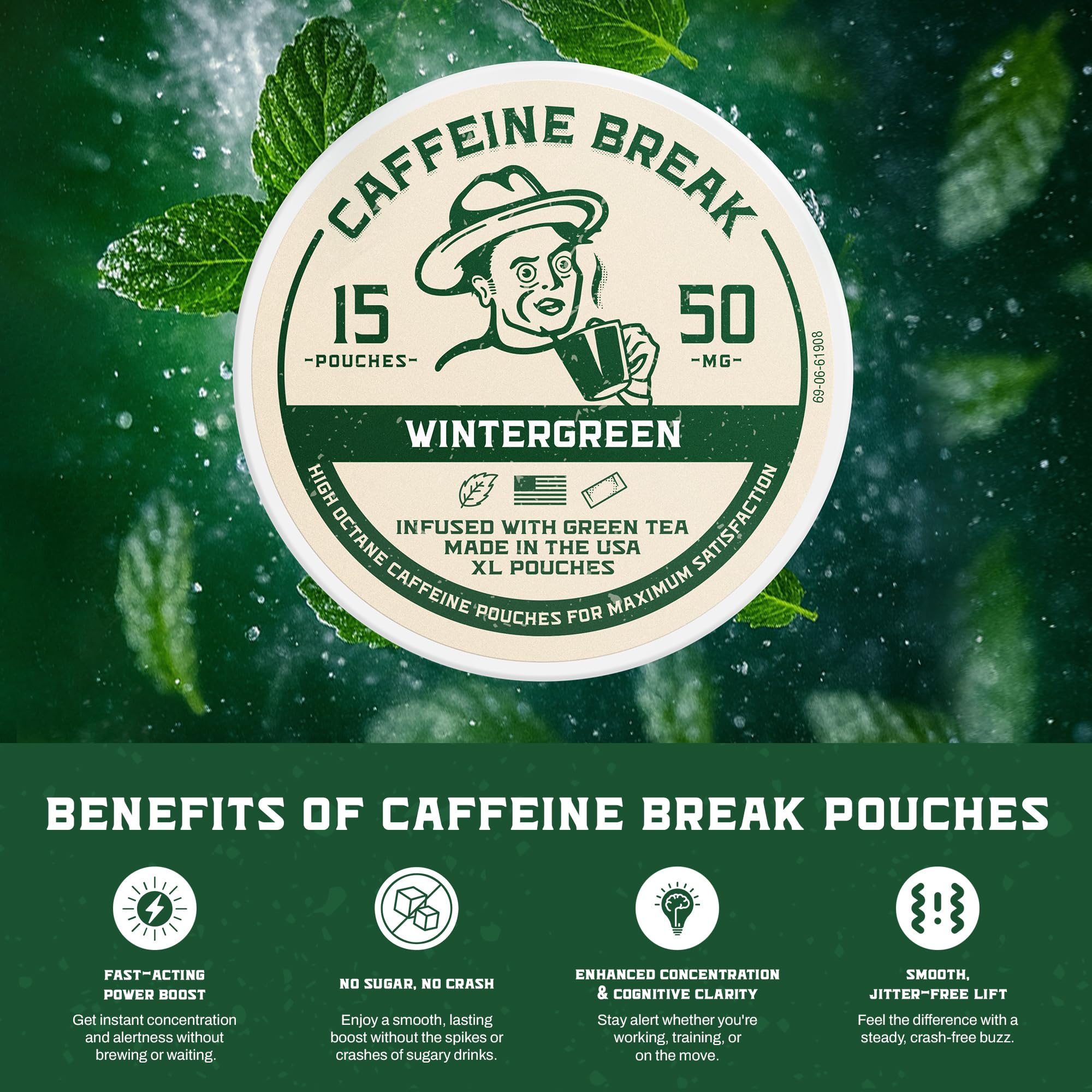 Caffeine Break Wintergreen tin open with pouches ready to enjoy