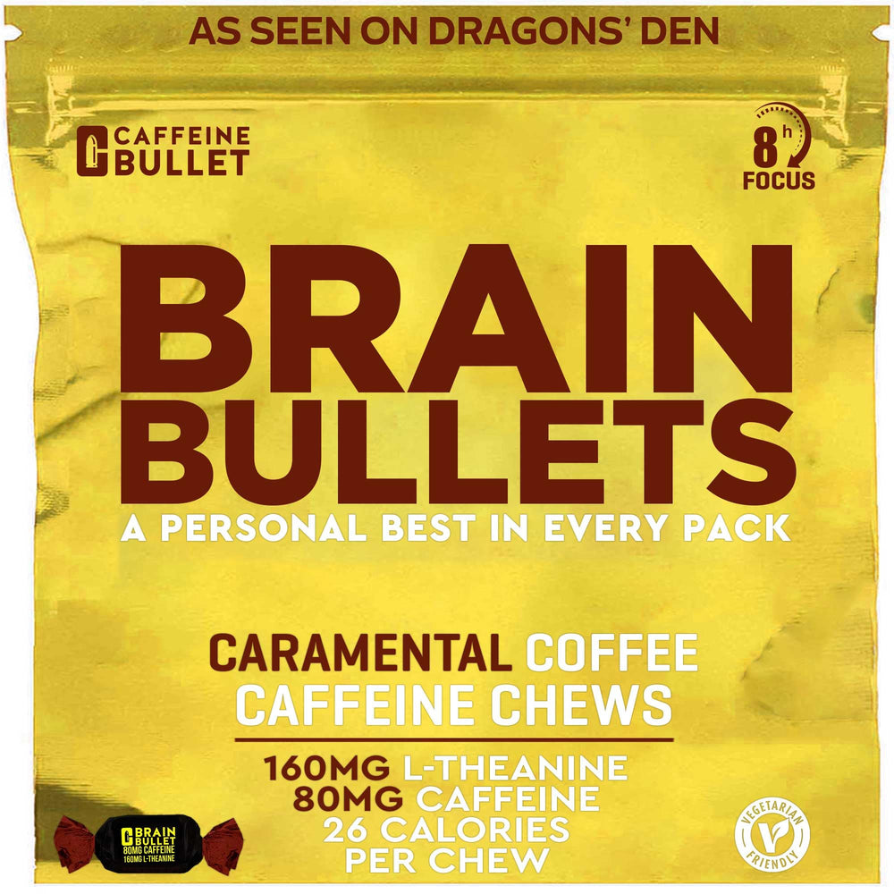 Caffeine Bullet Brain Bullet Chews closeup shows chewy texture for focused energy.