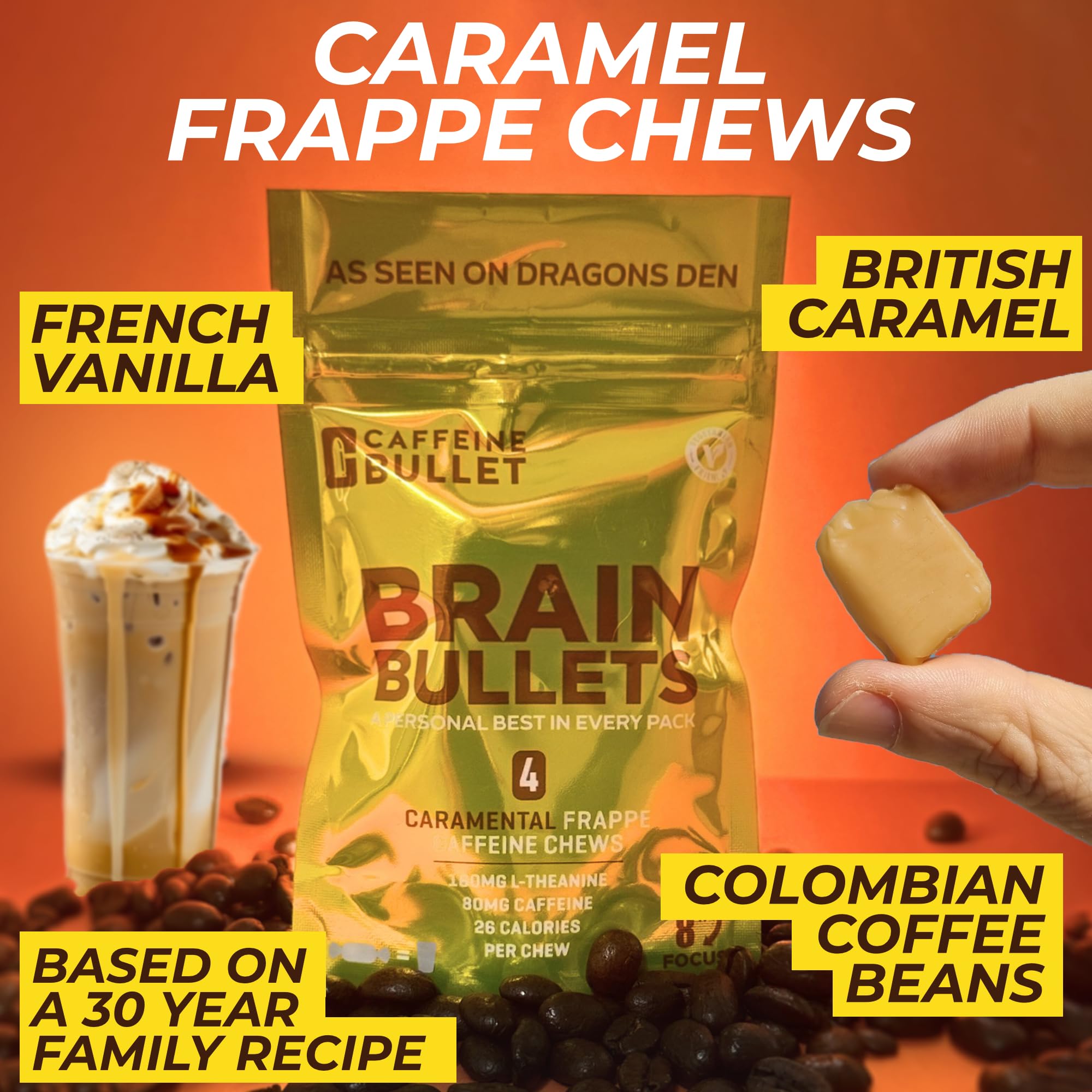 Caffeine Bullet caramel-frappe-flavor hero image highlights tasty, motivating study snack for focus.