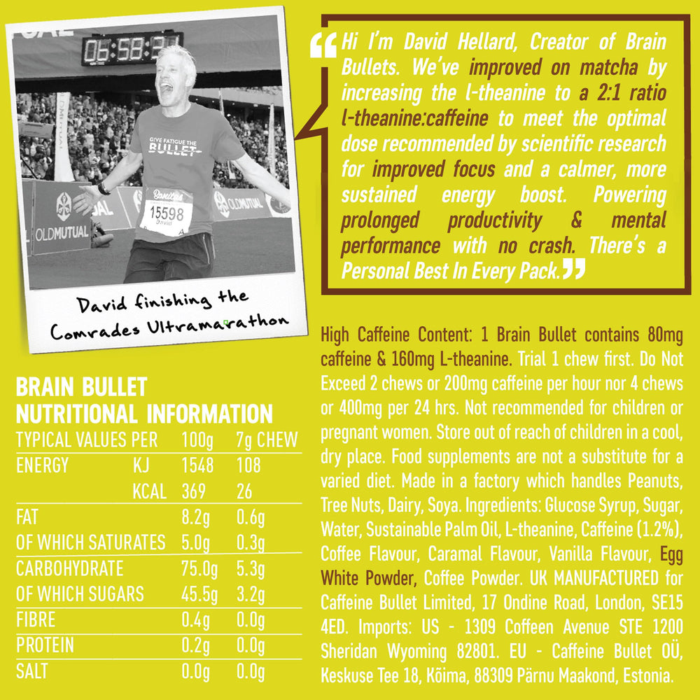 Caffeine Bullet portable four-chews pack showcases convenient daily cognitive support.