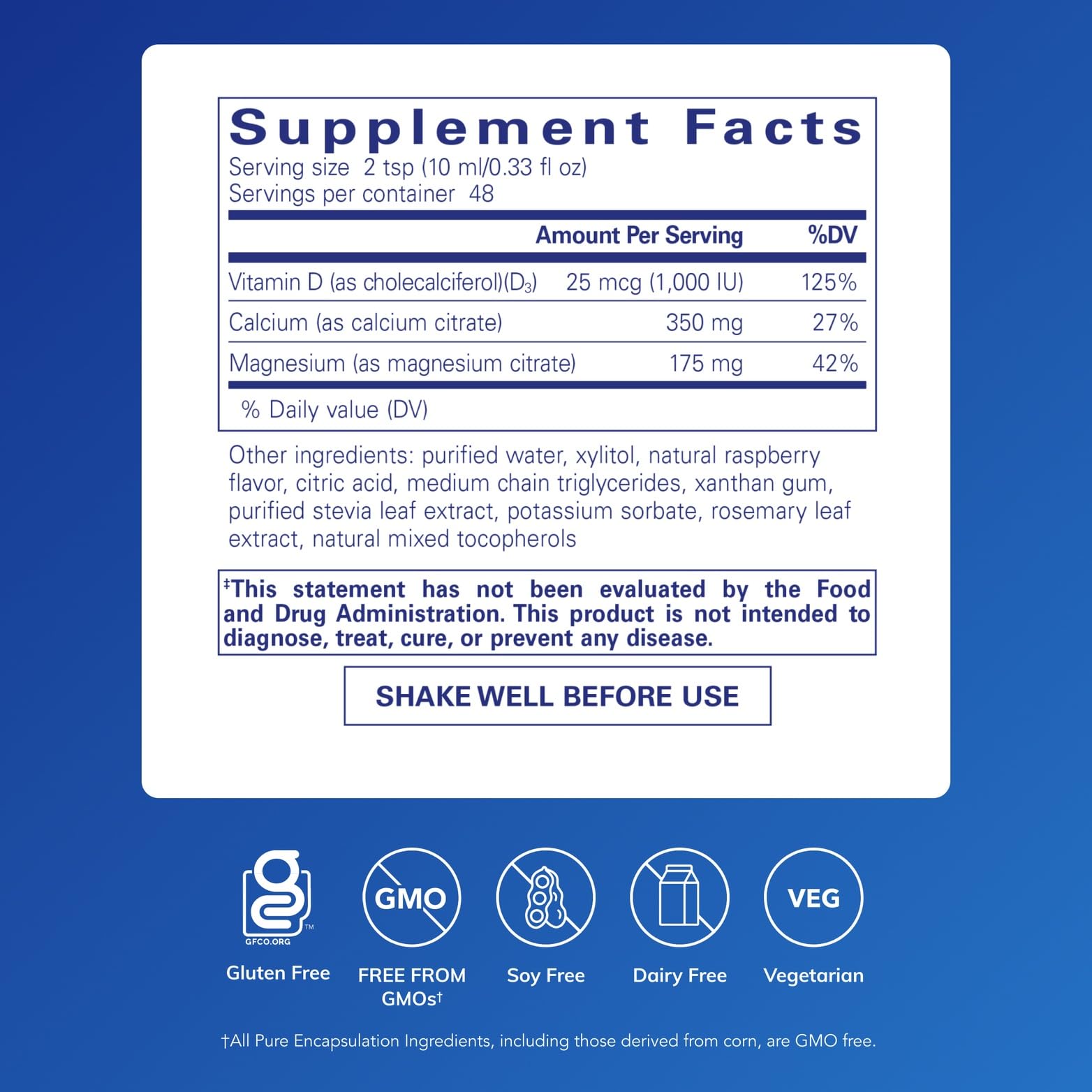 Pure Encapsulations Cal/Mag/D Liquid bottle back with dosage information