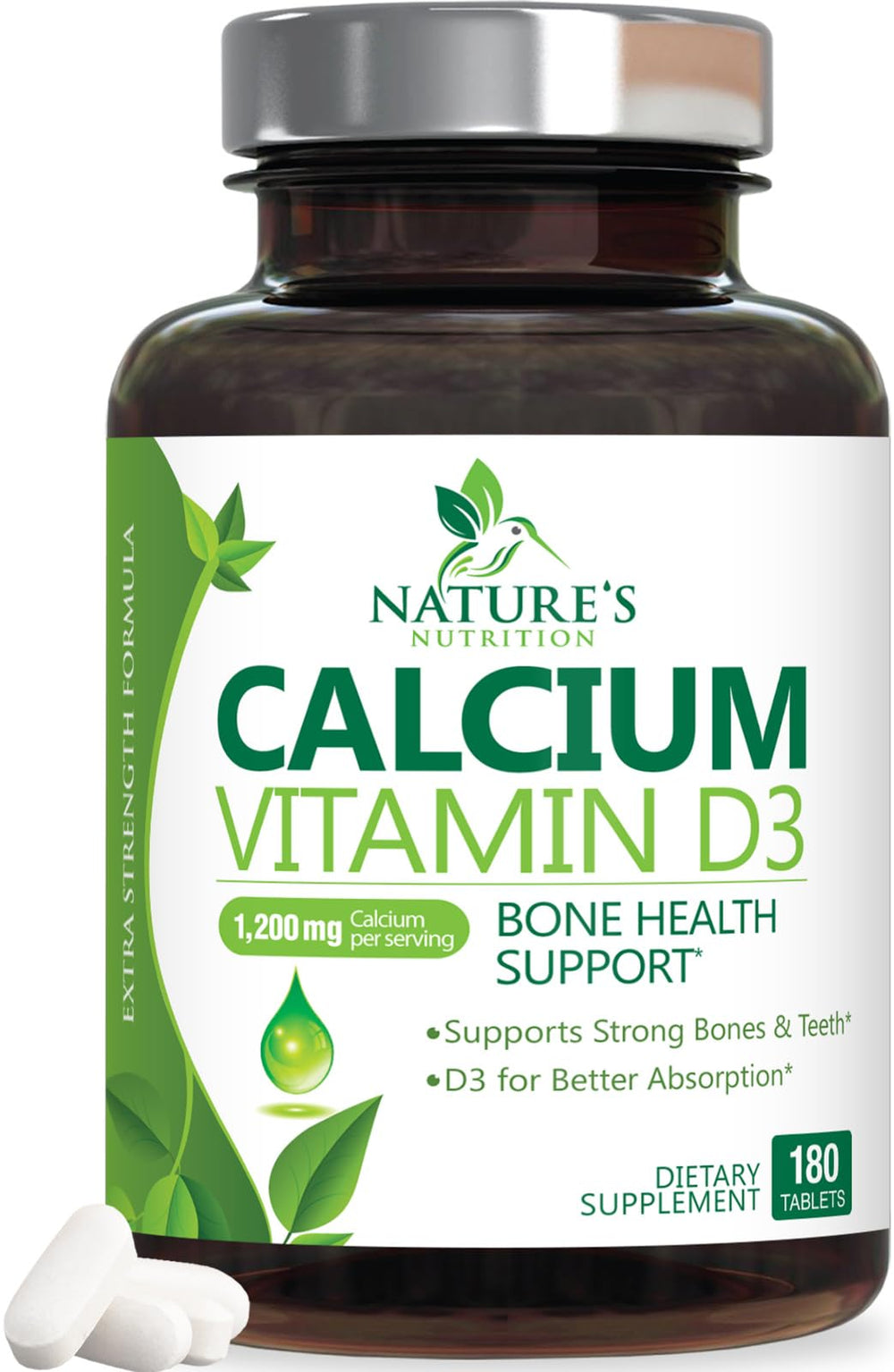 Bottle of Calcium 1200 mg with Vitamin D3 showing 180 tablets