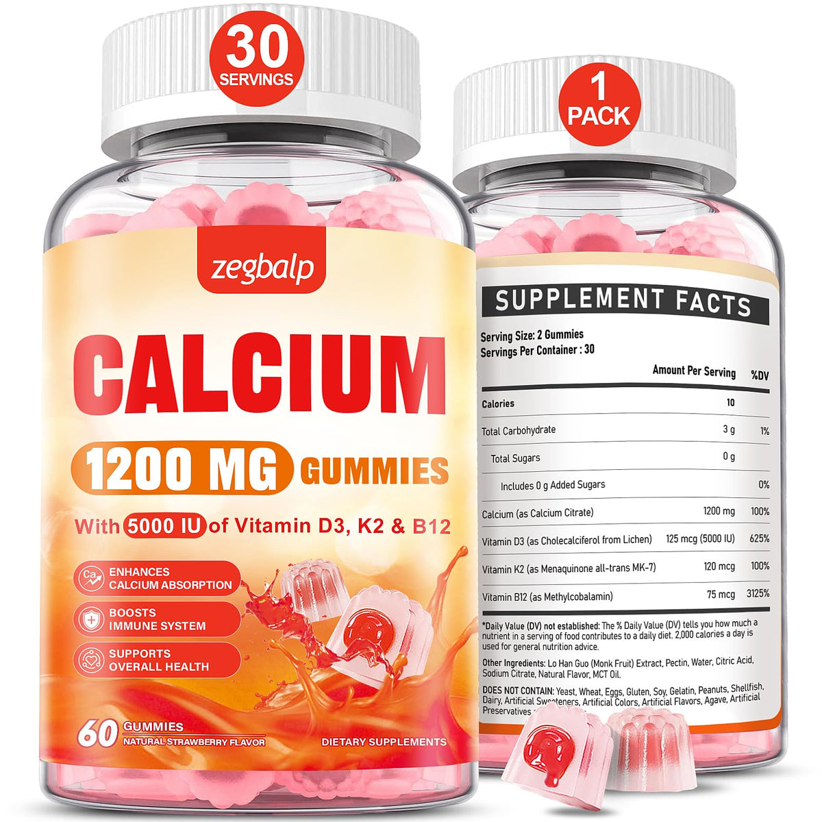 Front view of the Calcium 1200 mg with Vitamin D3 Gummies bottle