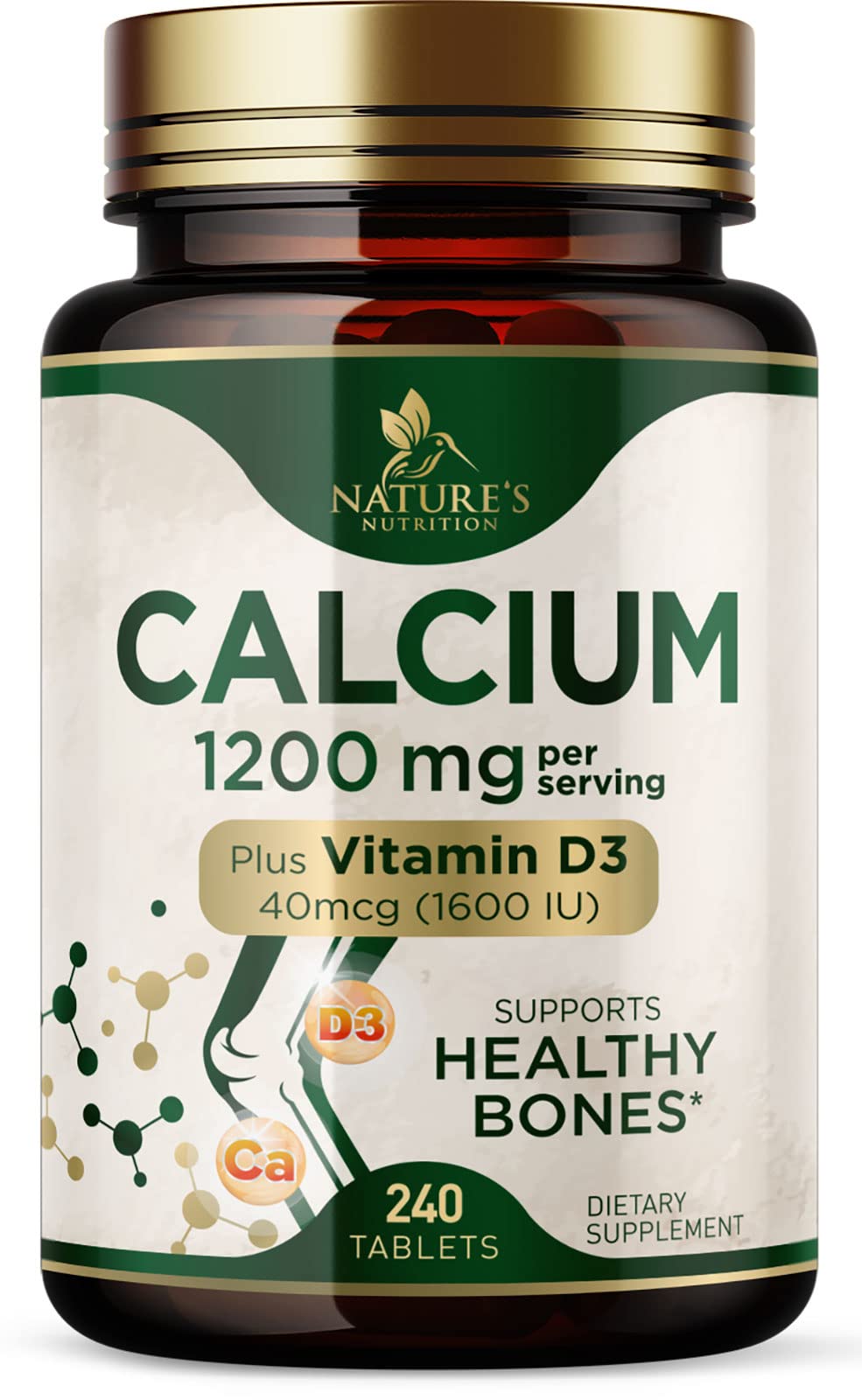 Bottle of Calcium 1200 mg with Vitamin D3 highlighting bone health