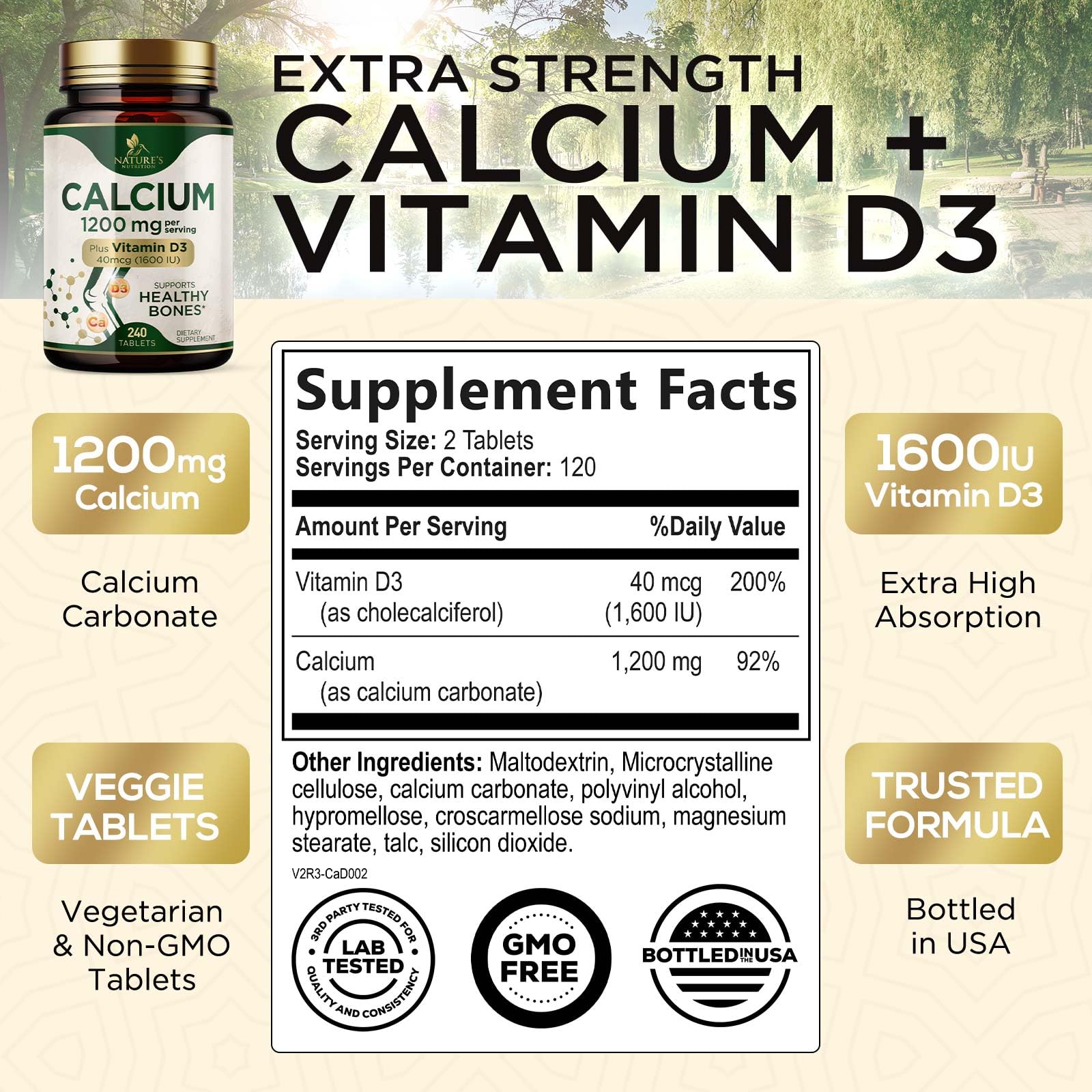 Close-up of high-potency calcium 1200 mg with Vitamin D3 tablets