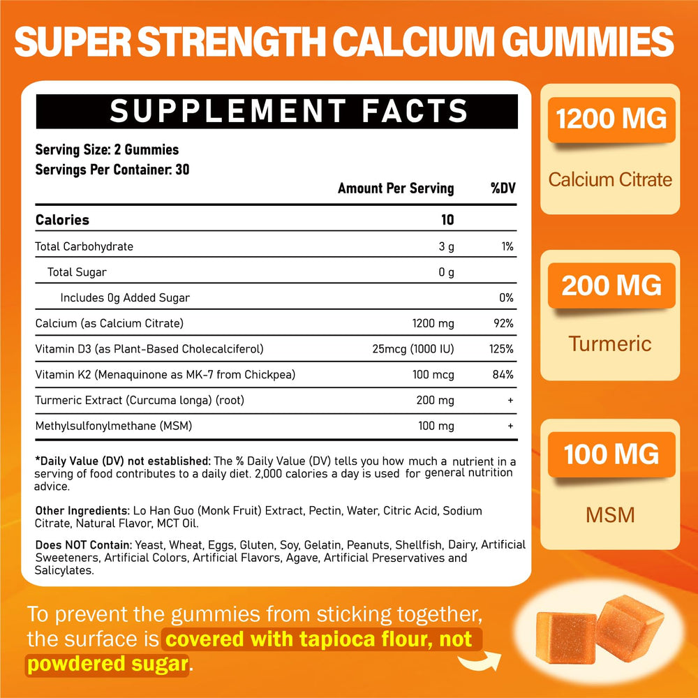 Close-up of calcium gummy bottle with D3, K2, MSM and turmeric