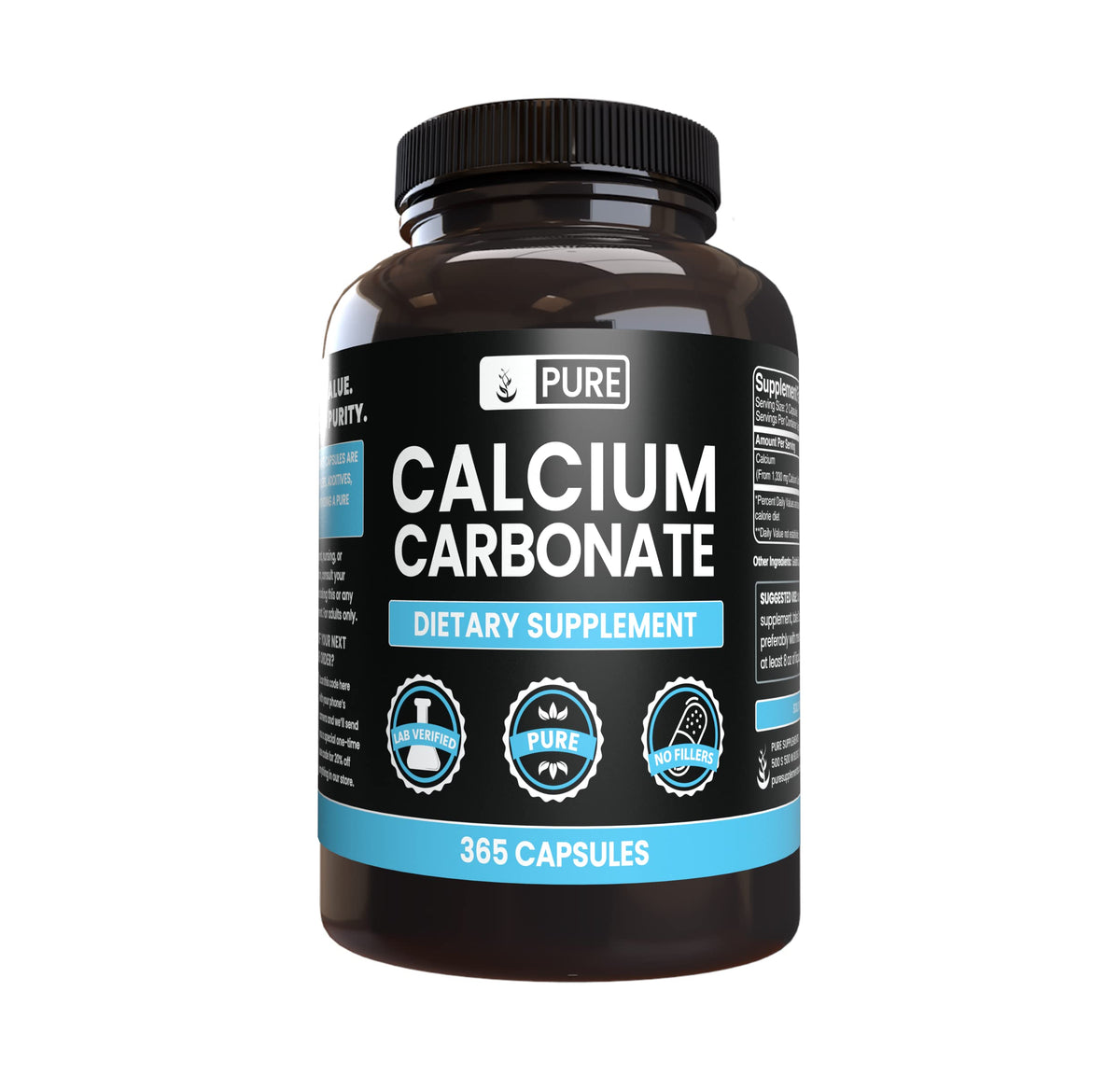 Bottle of Pure Original Calcium Carbonate capsules showing single-ingredient formula