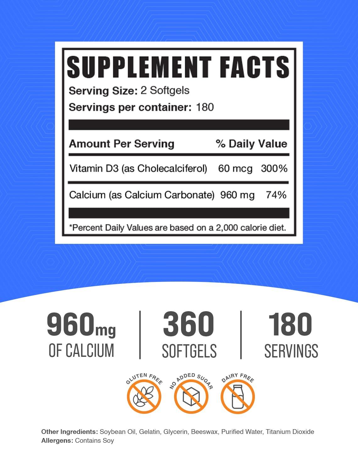 Product label showing ingredients and dosage for Calcium Carbonate with Vitamin D3 softgels